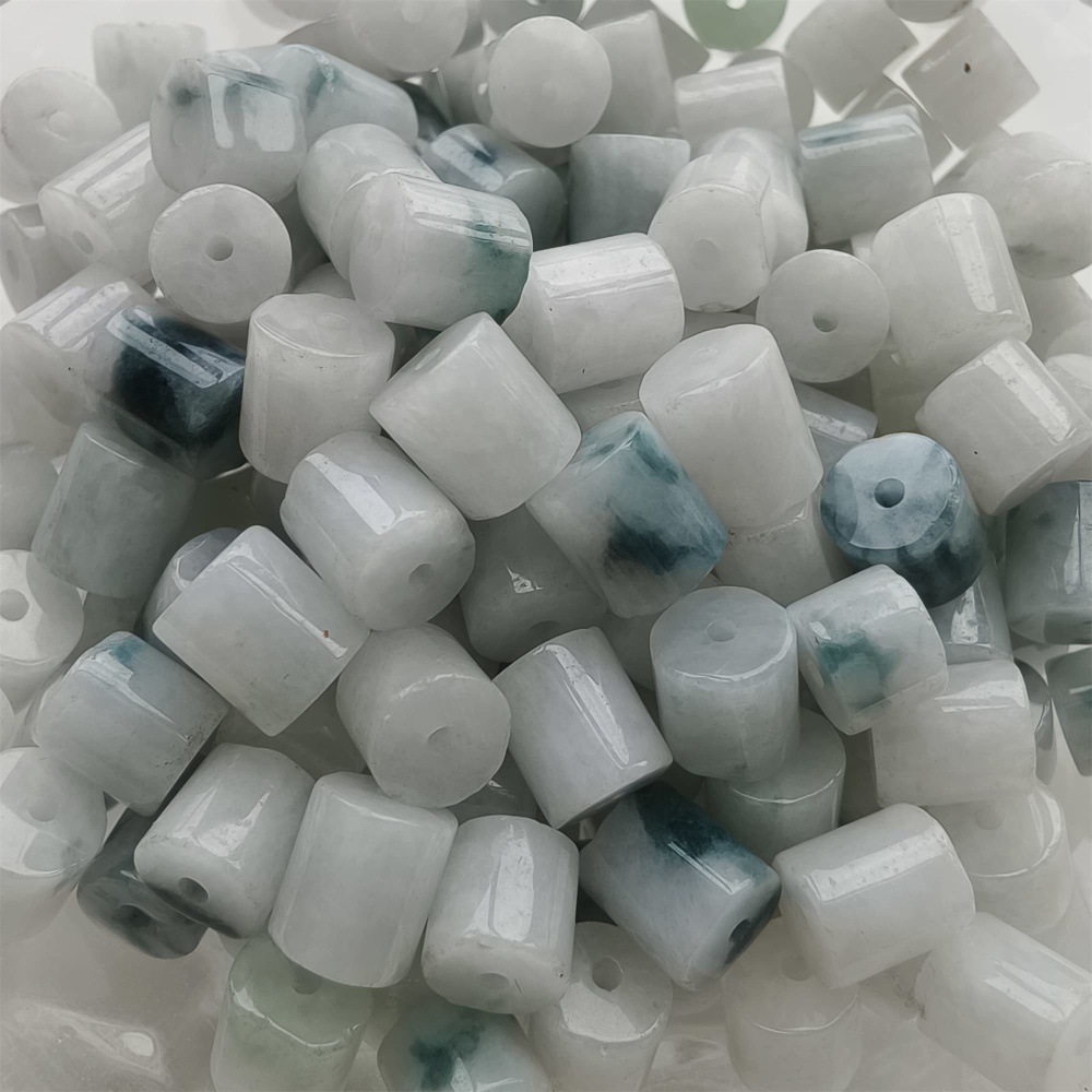 DDP 30pcs 4-6.5mm Natural Type A Green White Moss In Snow Burmese Jadeite Cylindrical Beads