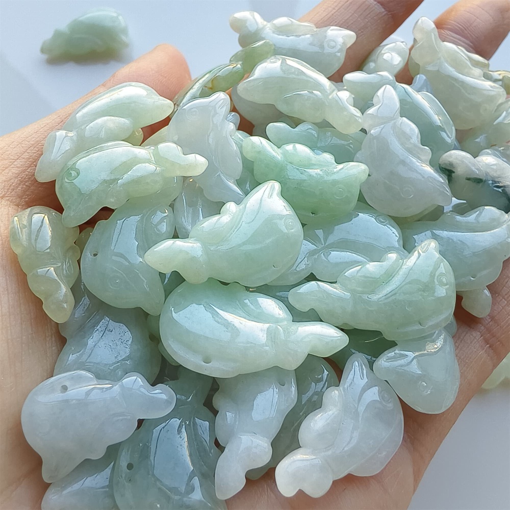 DDP 5pcs 19-25mm Natural Certificated Type A Green White Burmese Jadeite Dolphin Beads
