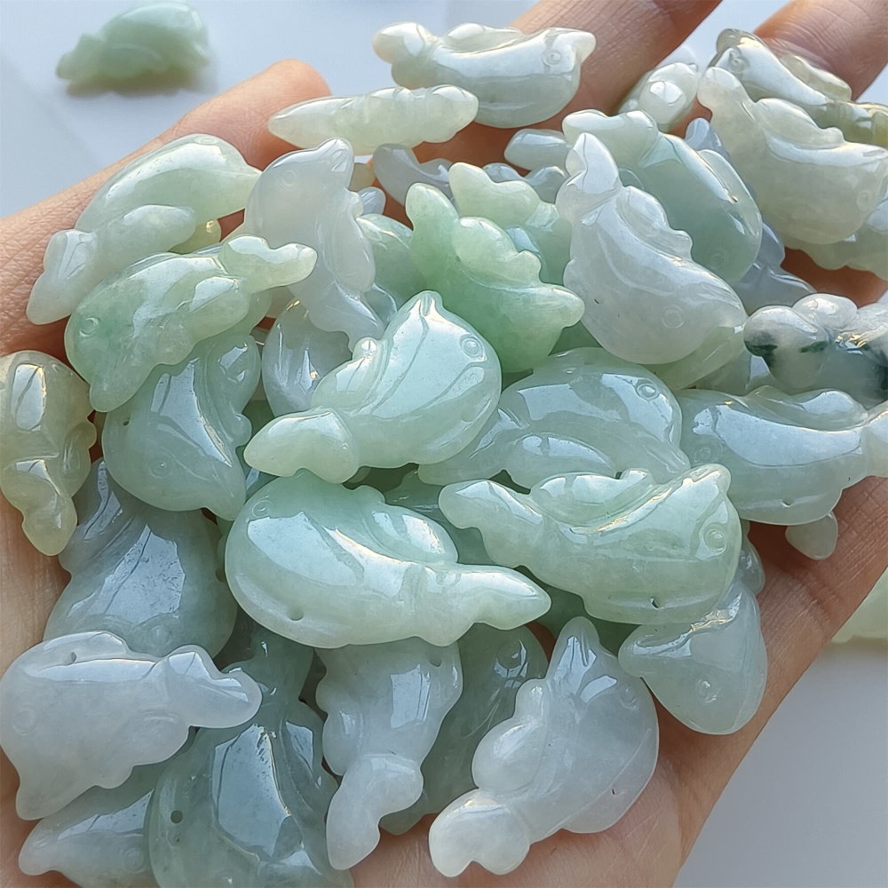 DDP 5pcs 19-25mm Natural Certificated Type A Green White Burmese Jadeite Dolphin Beads