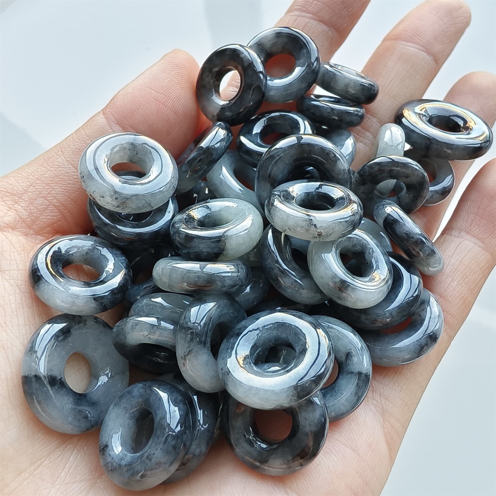 DDP 5pcs 13-17mm Natural Type A Untreated Black Chicken Species Burmese Jadeite Donut And Ring Beads