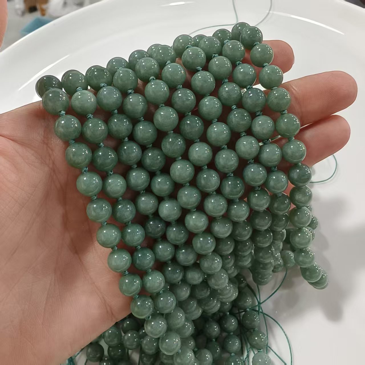 Custom order: 10 strands of green jadeite beads (processing fee included) and 5 strands yellow jadeite beads labor fee