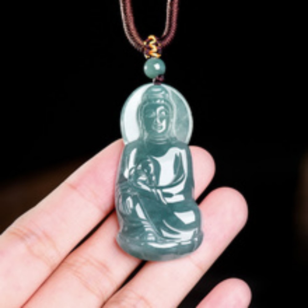 DDP 49mm Natural Certificated Type A Untreated Blue Watery Guatemalan Guanyin With Precious Lotus Pendant