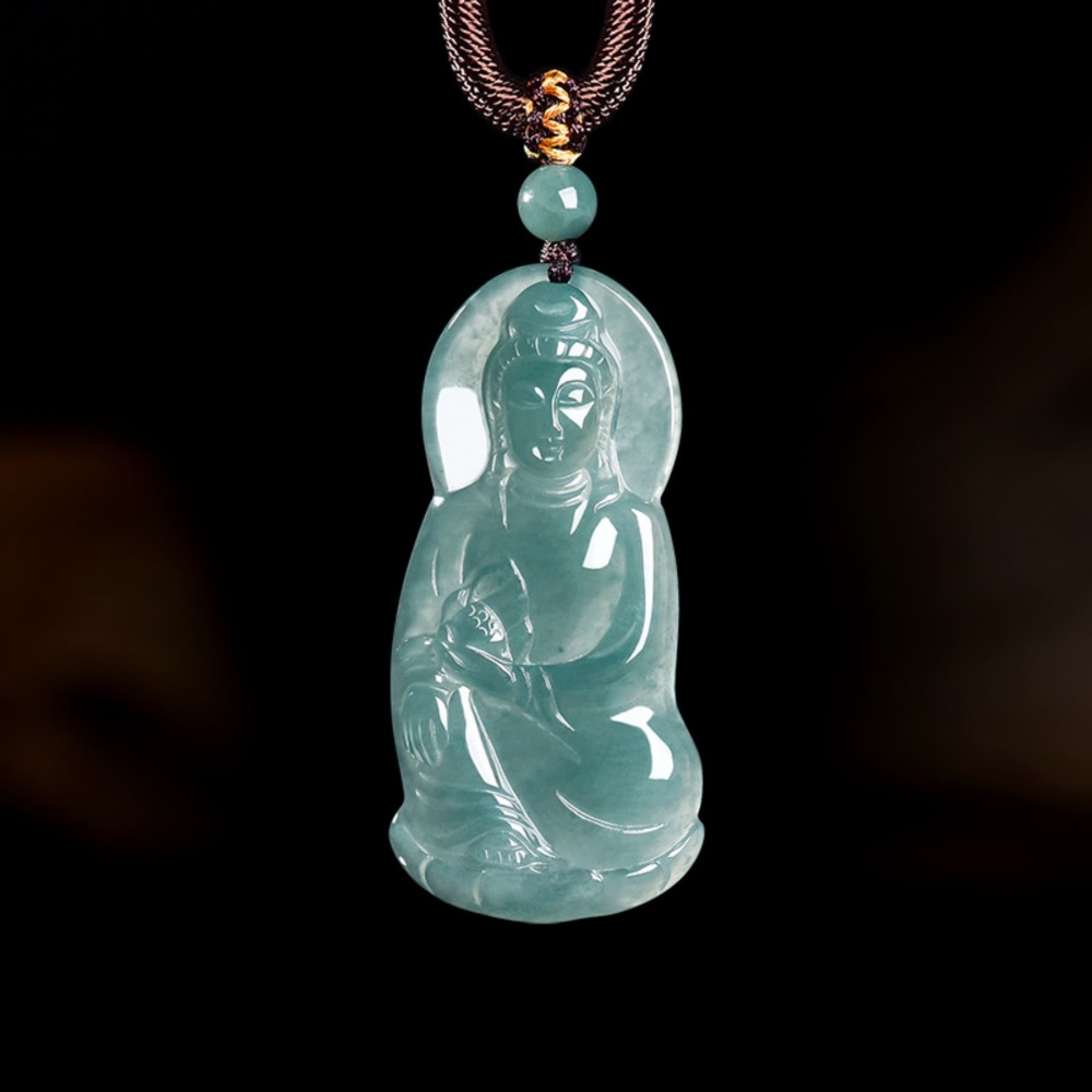 DDP 49mm Natural Certificated Type A Untreated Blue Watery Guatemalan Guanyin With Precious Lotus Pendant