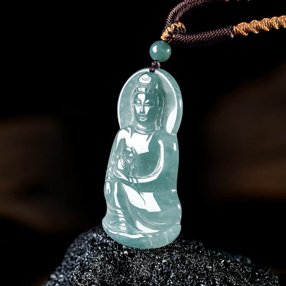DDP 49mm Natural Certificated Type A Untreated Blue Watery Guatemalan Guanyin With Precious Lotus Pendant