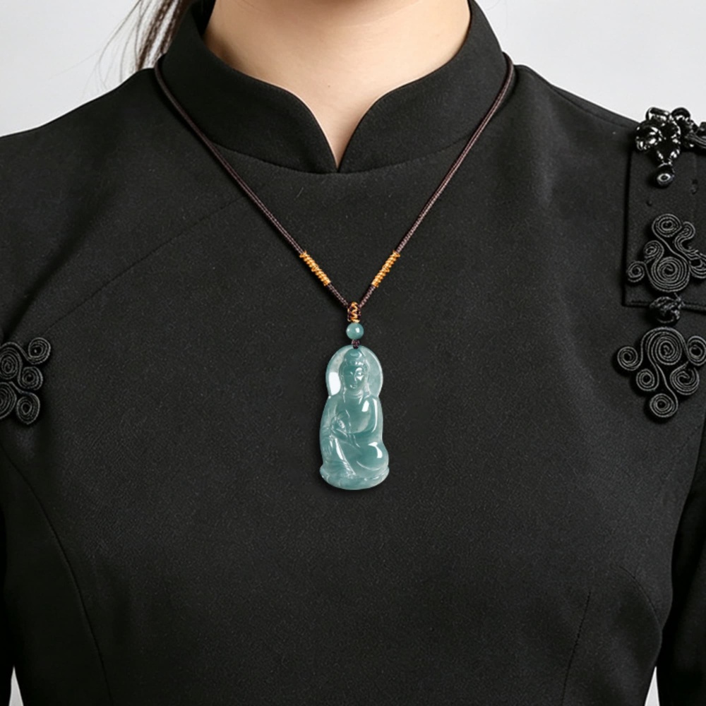 DDP 49mm Natural Certificated Type A Untreated Blue Watery Guatemalan Guanyin With Precious Lotus Pendant