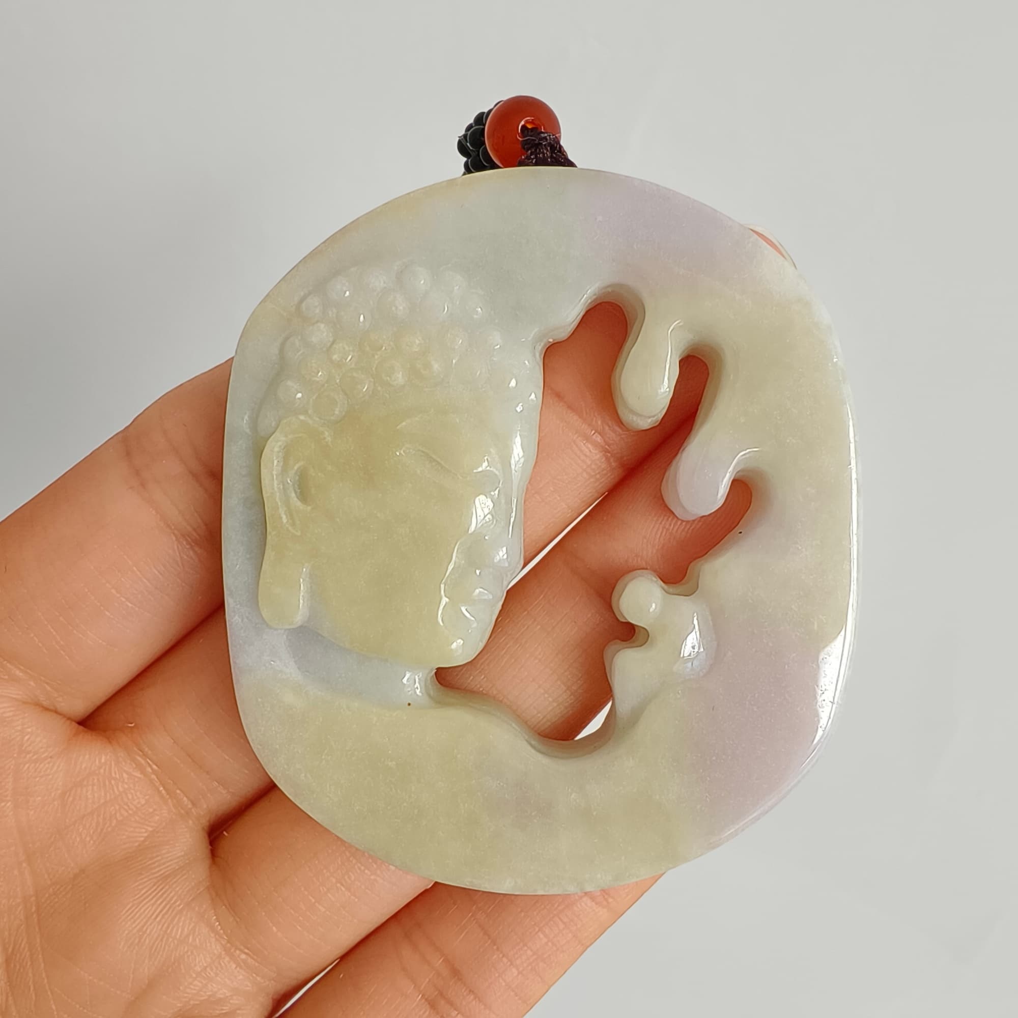 DDP 56mm Natural Type A Untreated Yellow Lavender Burmese Jadeite Buddha Amulet Pendant