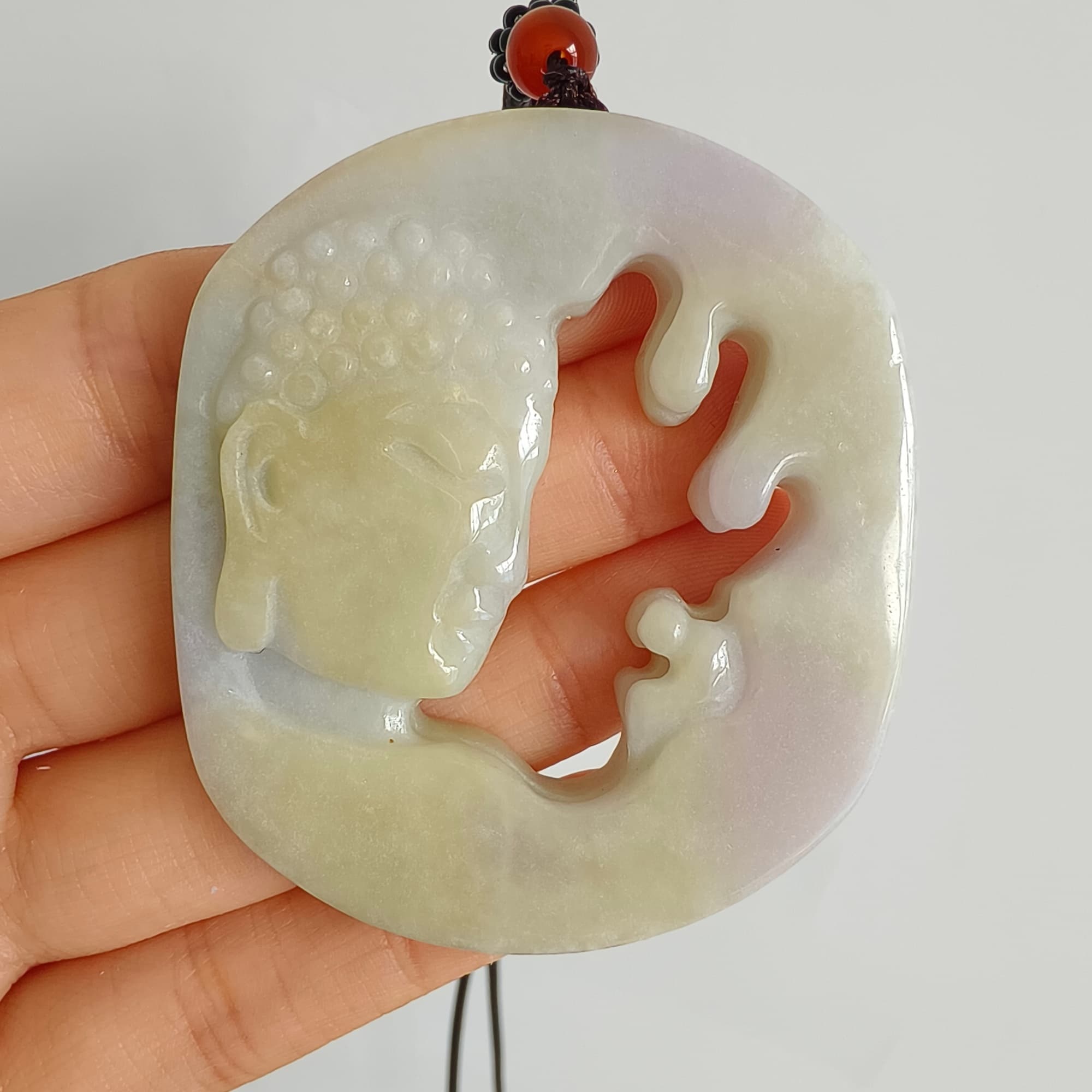 DDP 56mm Natural Type A Untreated Yellow Lavender Burmese Jadeite Buddha Amulet Pendant