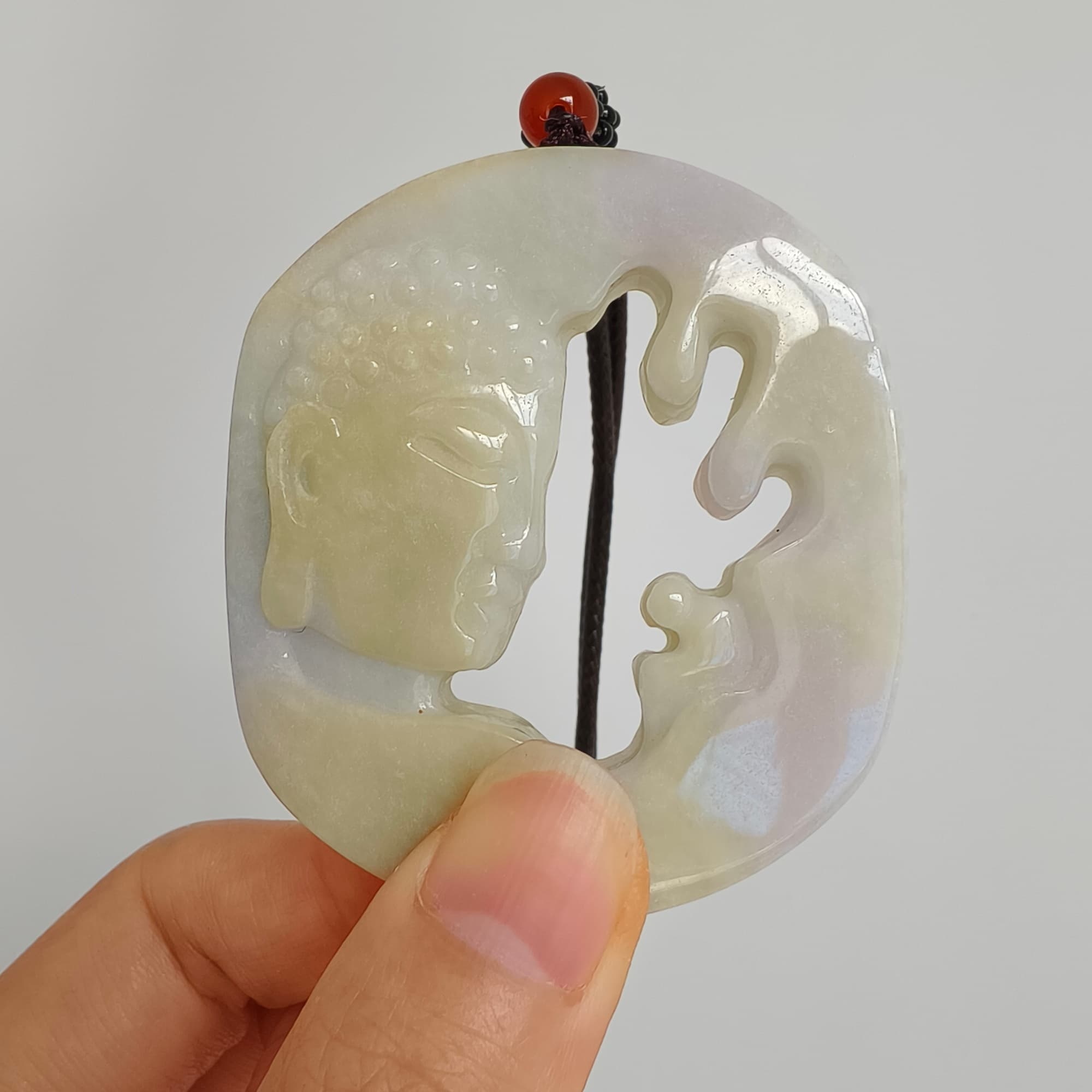 DDP 56mm Natural Type A Untreated Yellow Lavender Burmese Jadeite Buddha Amulet Pendant