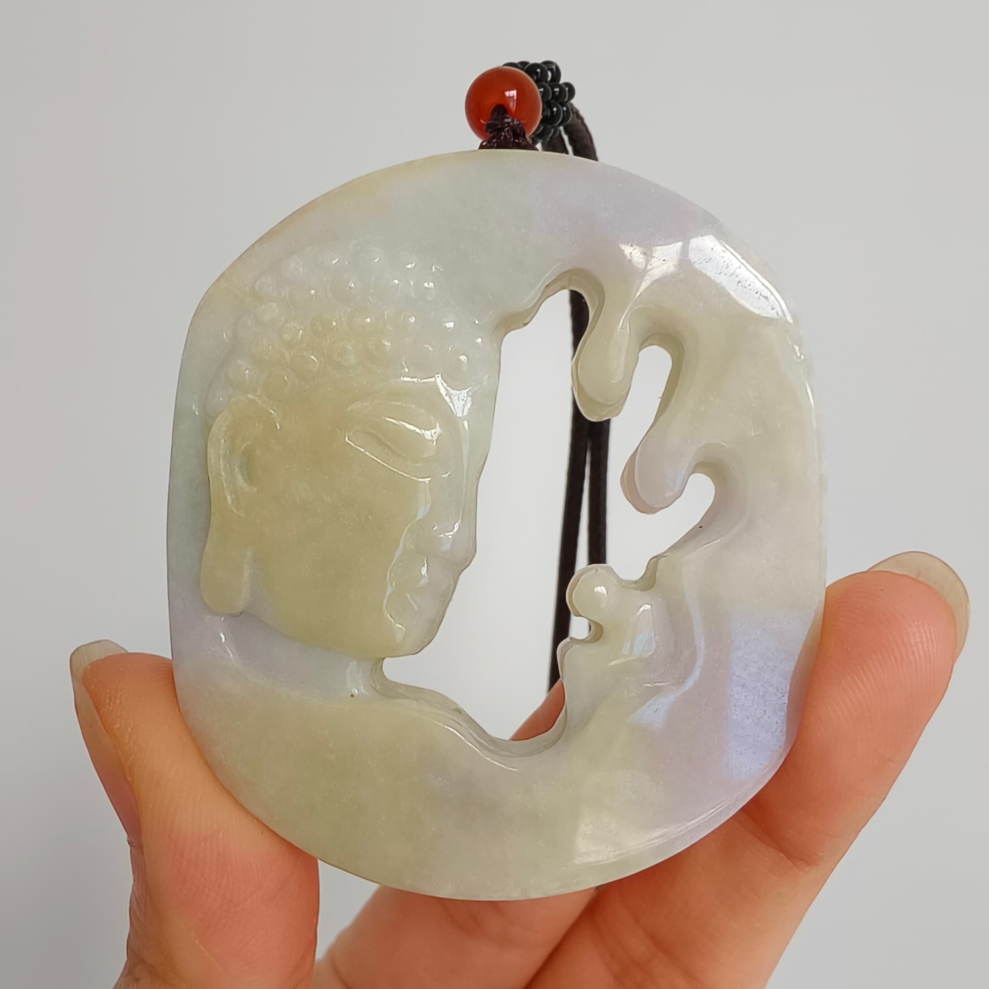 DDP 56mm Natural Type A Untreated Yellow Lavender Burmese Jadeite Buddha Amulet Pendant