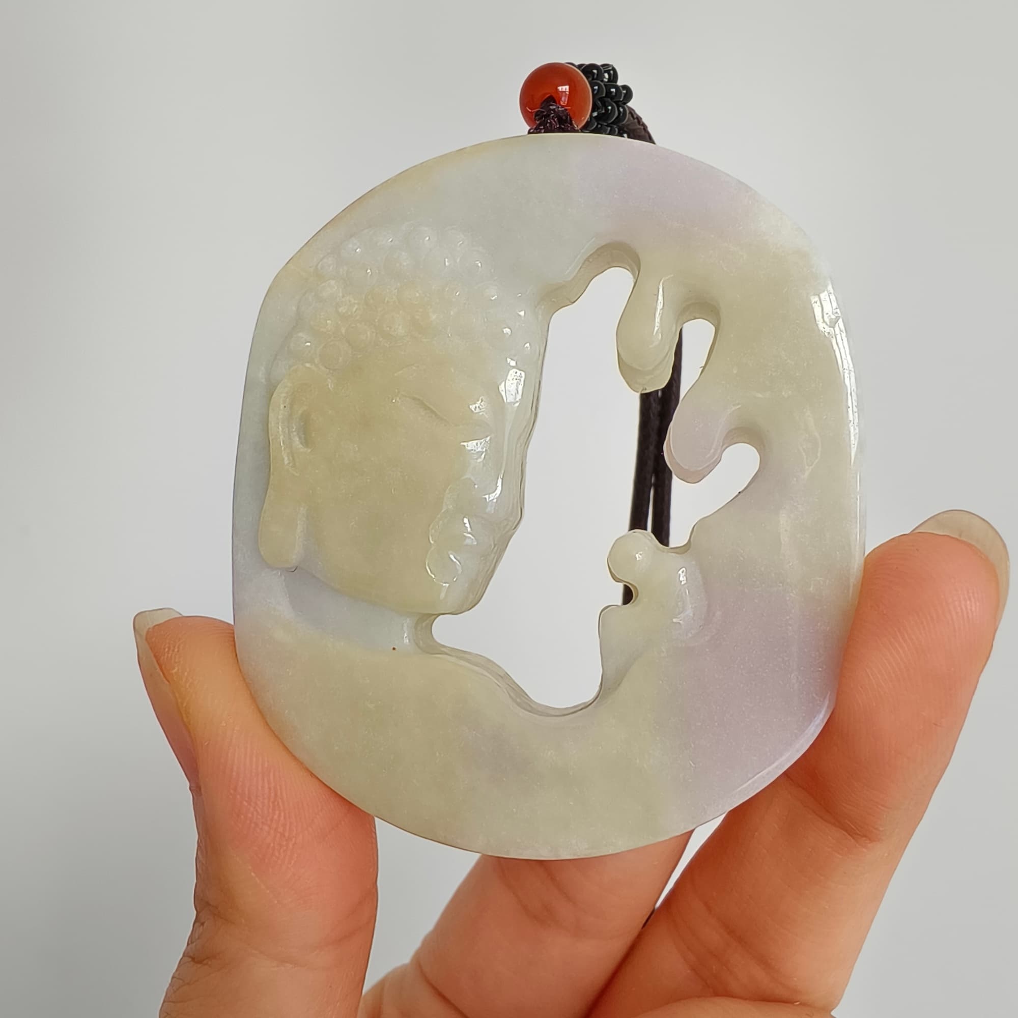 DDP 56mm Natural Type A Untreated Yellow Lavender Burmese Jadeite Buddha Amulet Pendant