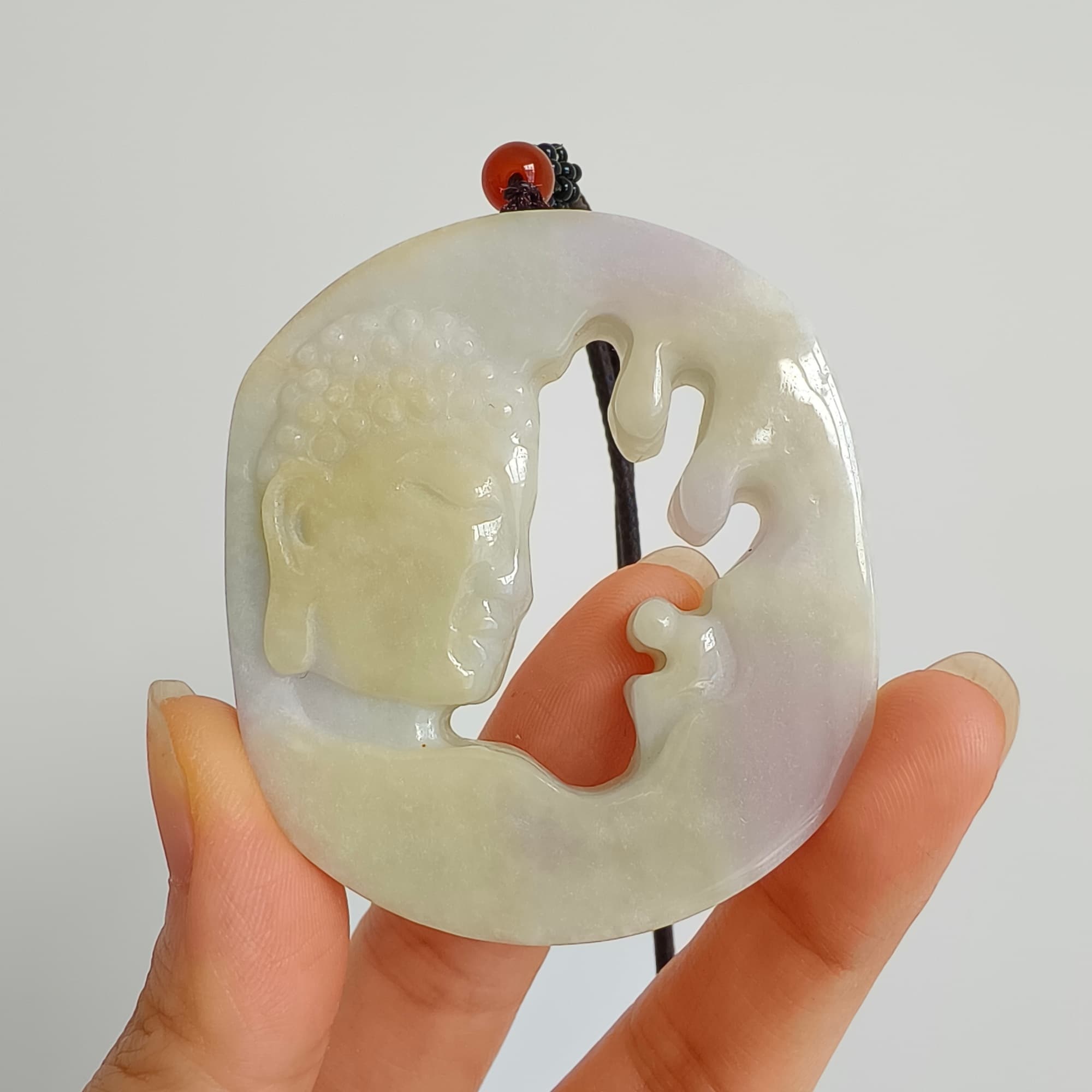 DDP 56mm Natural Type A Untreated Yellow Lavender Burmese Jadeite Buddha Amulet Pendant