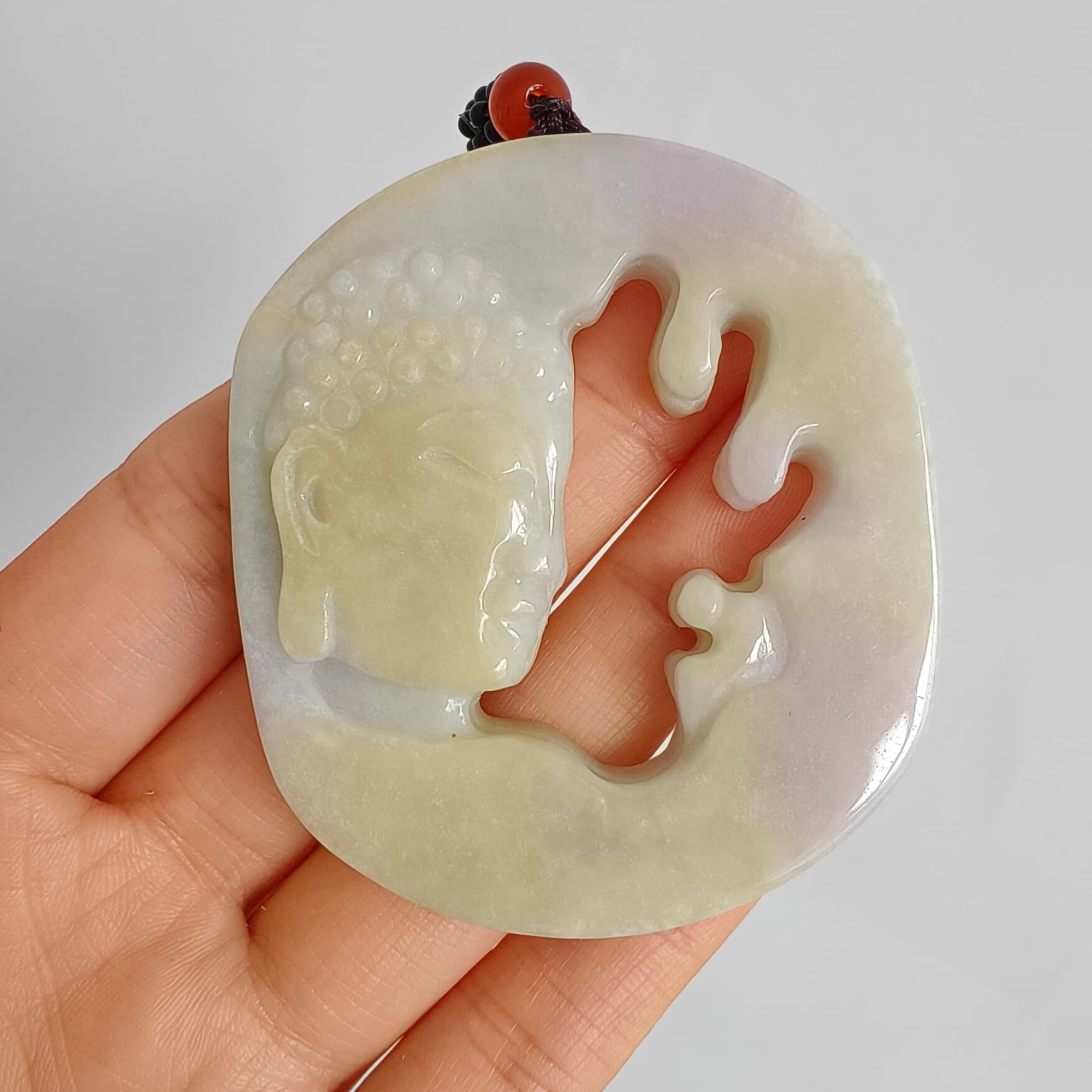 DDP 56mm Natural Type A Untreated Yellow Lavender Burmese Jadeite Buddha Amulet Pendant