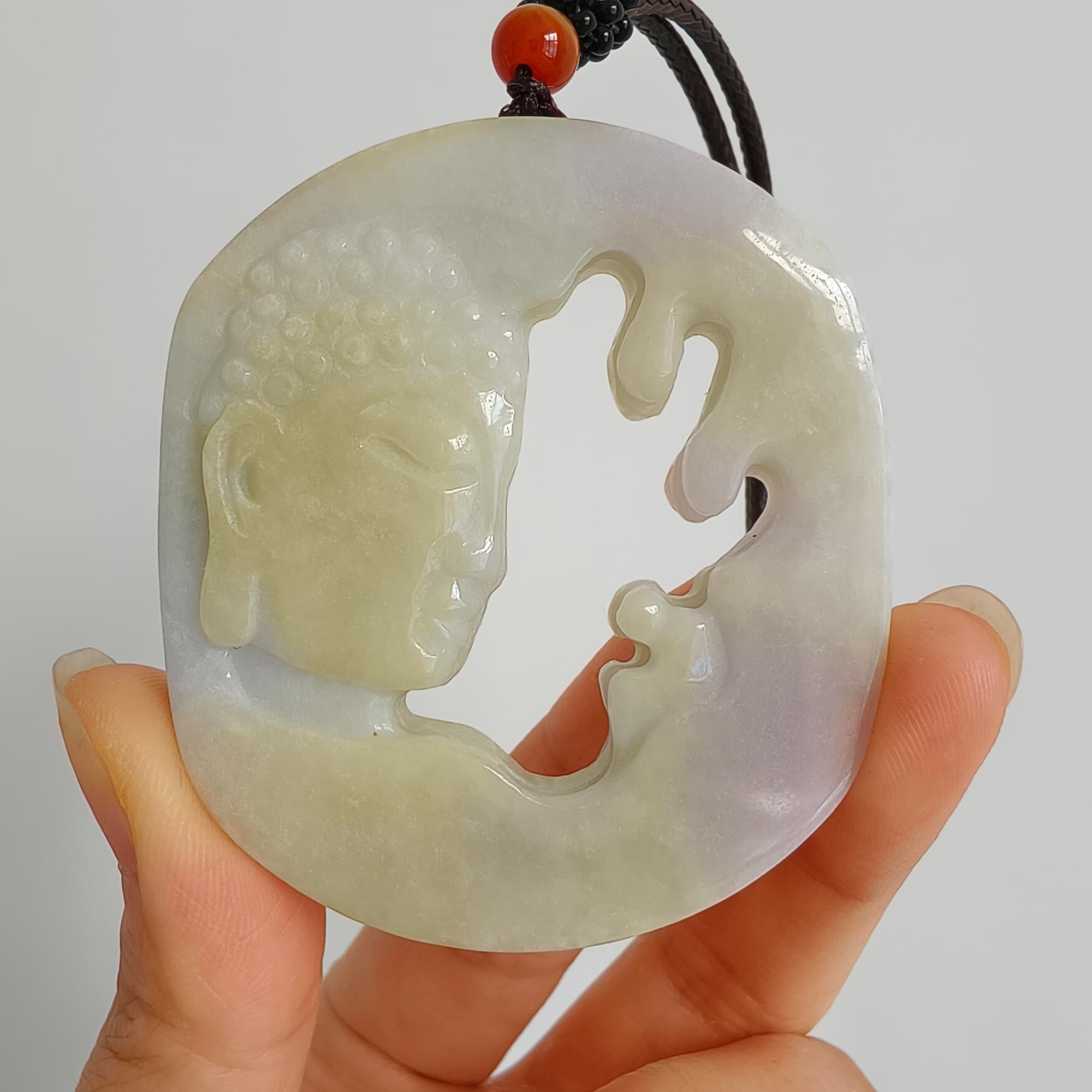 DDP 56mm Natural Type A Untreated Yellow Lavender Burmese Jadeite Buddha Amulet Pendant