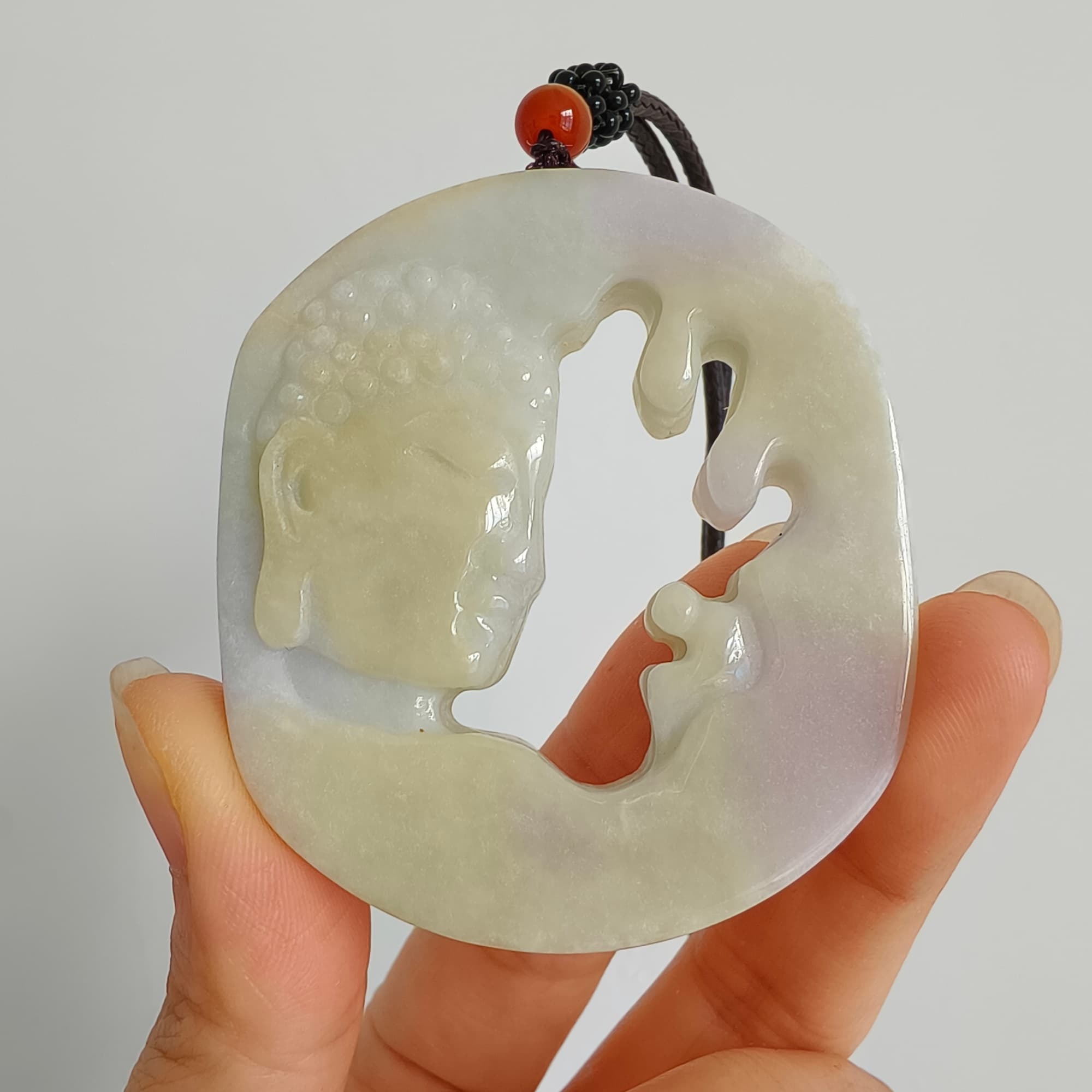 DDP 56mm Natural Type A Untreated Yellow Lavender Burmese Jadeite Buddha Amulet Pendant