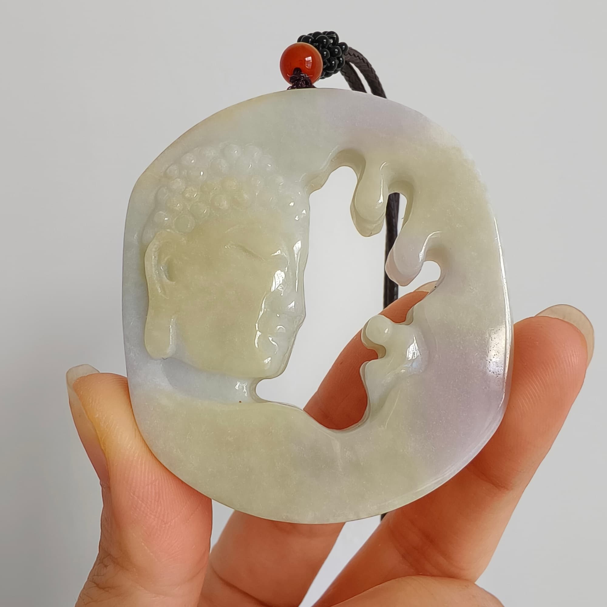 DDP 56mm Natural Type A Untreated Yellow Lavender Burmese Jadeite Buddha Amulet Pendant