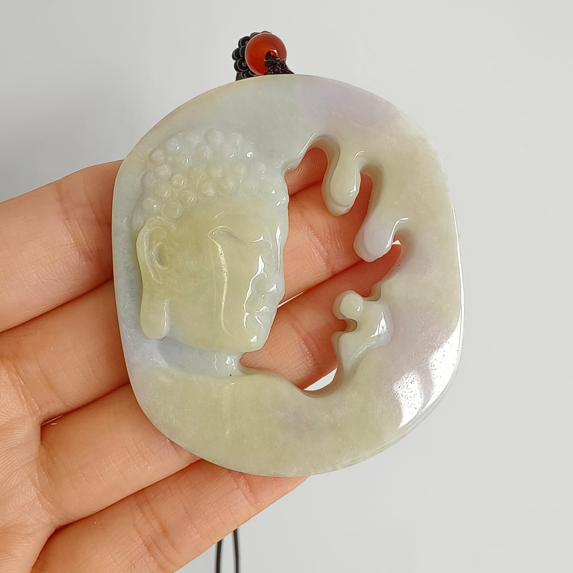 DDP 56mm Natural Type A Untreated Yellow Lavender Burmese Jadeite Buddha Amulet Pendant