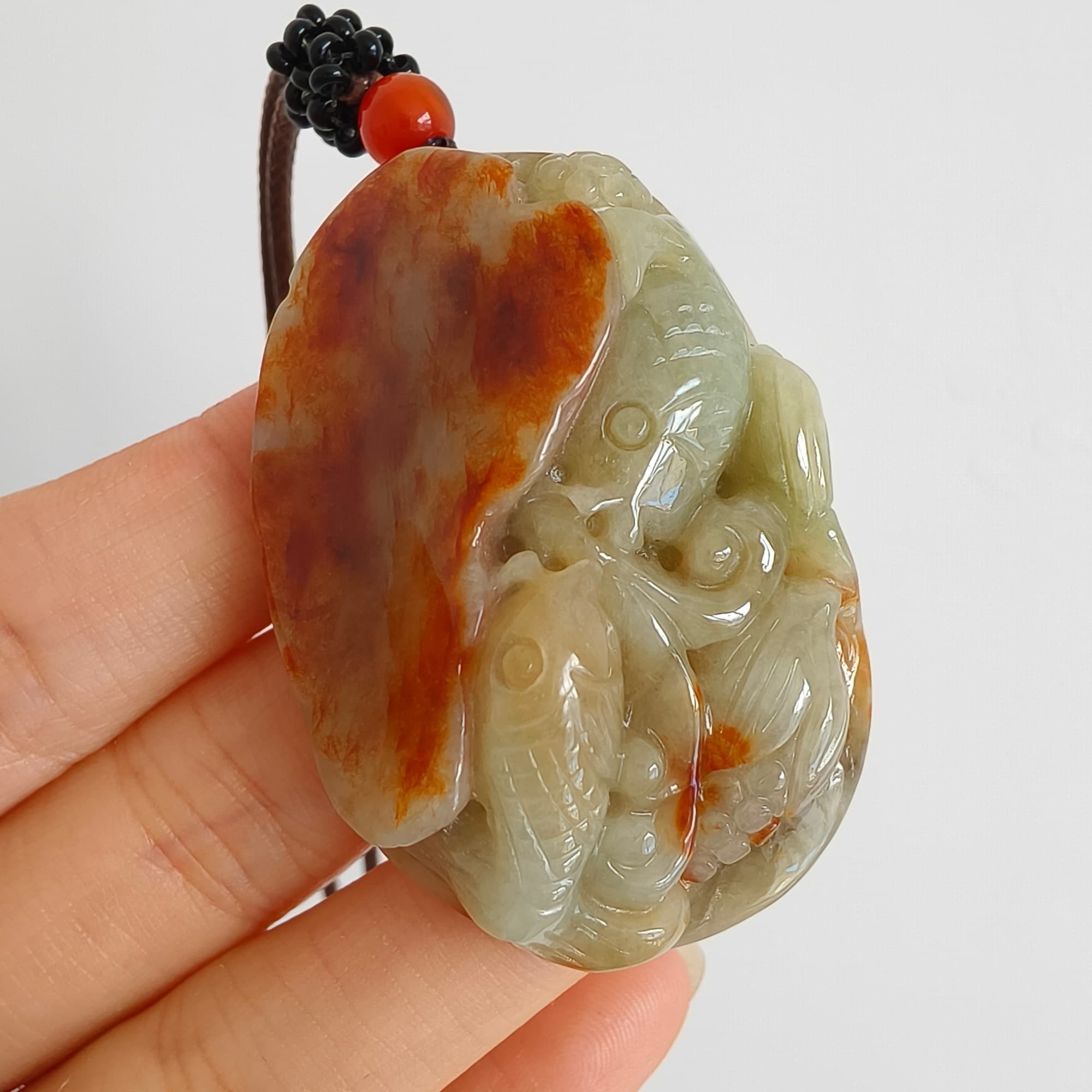 DDP 47.5mm Natural Certificated Yellow Red Burmese Jadeite Oval Pendant With Fish And Lotus Leaf Carved