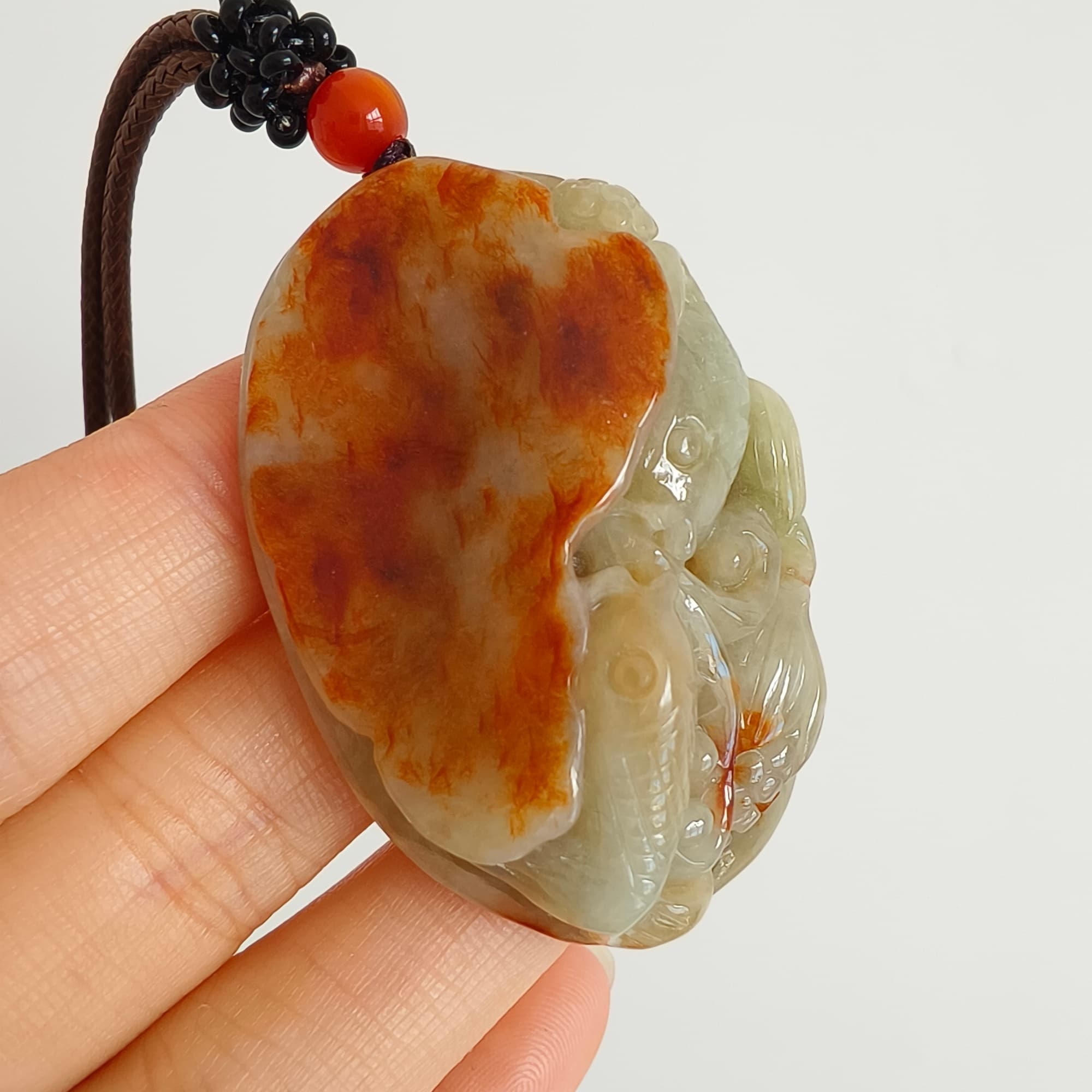 DDP 47.5mm Natural Certificated Yellow Red Burmese Jadeite Oval Pendant With Fish And Lotus Leaf Carved