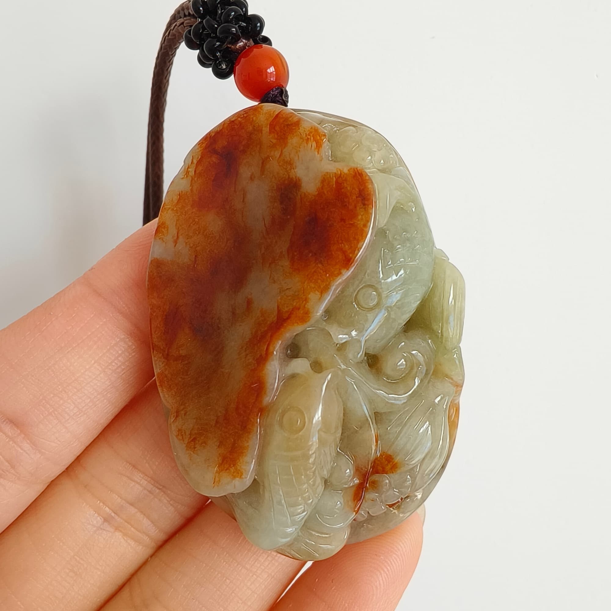 DDP 47.5mm Natural Certificated Yellow Red Burmese Jadeite Oval Pendant With Fish And Lotus Leaf Carved