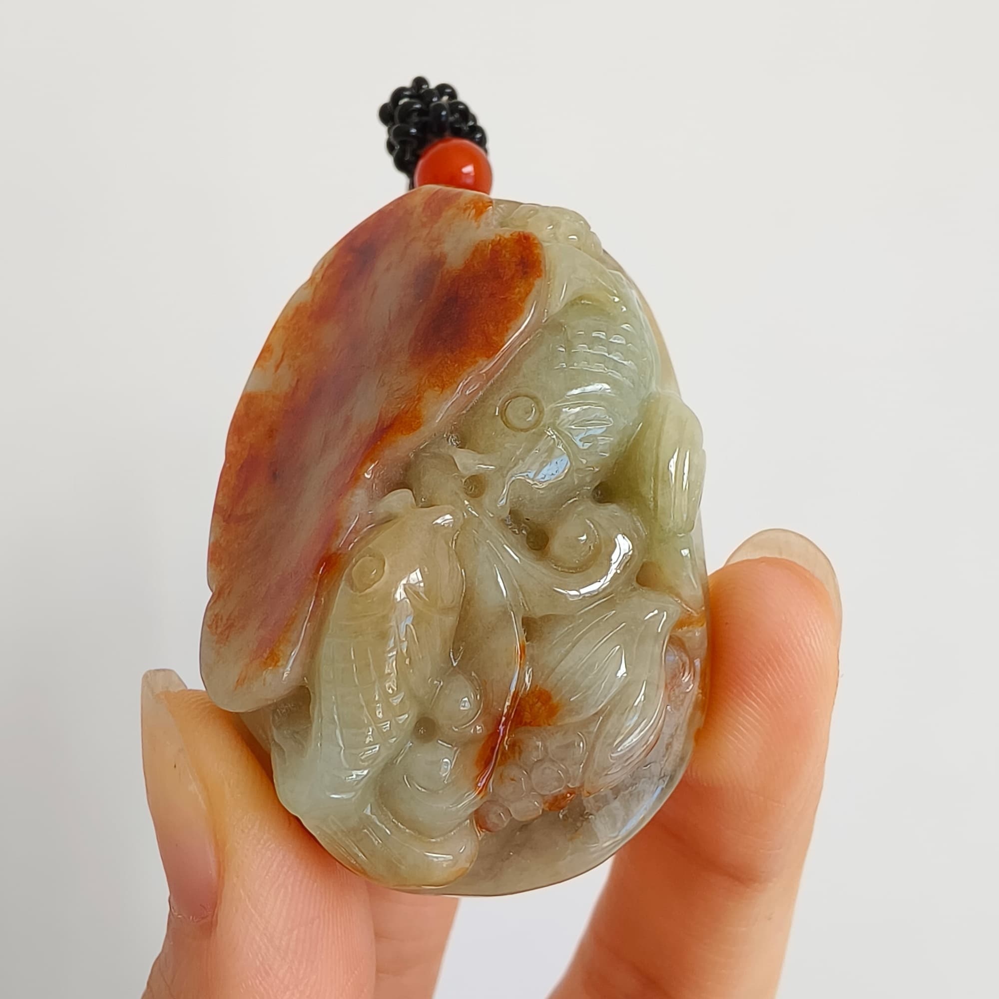 DDP 47.5mm Natural Certificated Yellow Red Burmese Jadeite Oval Pendant With Fish And Lotus Leaf Carved