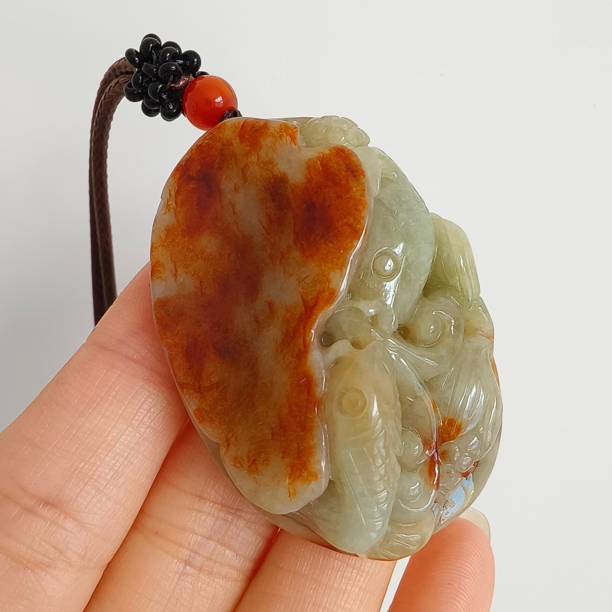 DDP 47.5mm Natural Certificated Yellow Red Burmese Jadeite Oval Pendant With Fish And Lotus Leaf Carved