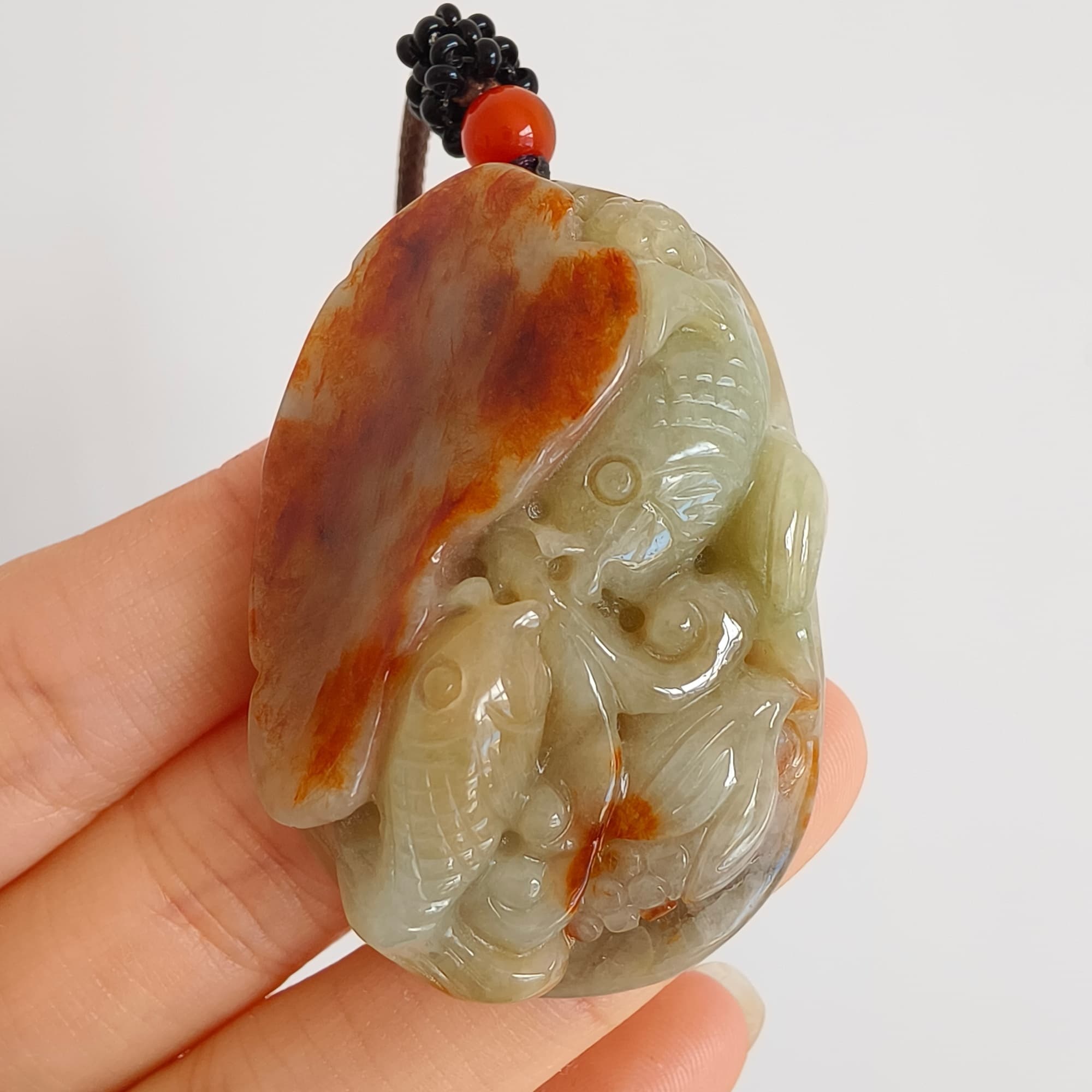 DDP 47.5mm Natural Certificated Yellow Red Burmese Jadeite Oval Pendant With Fish And Lotus Leaf Carved
