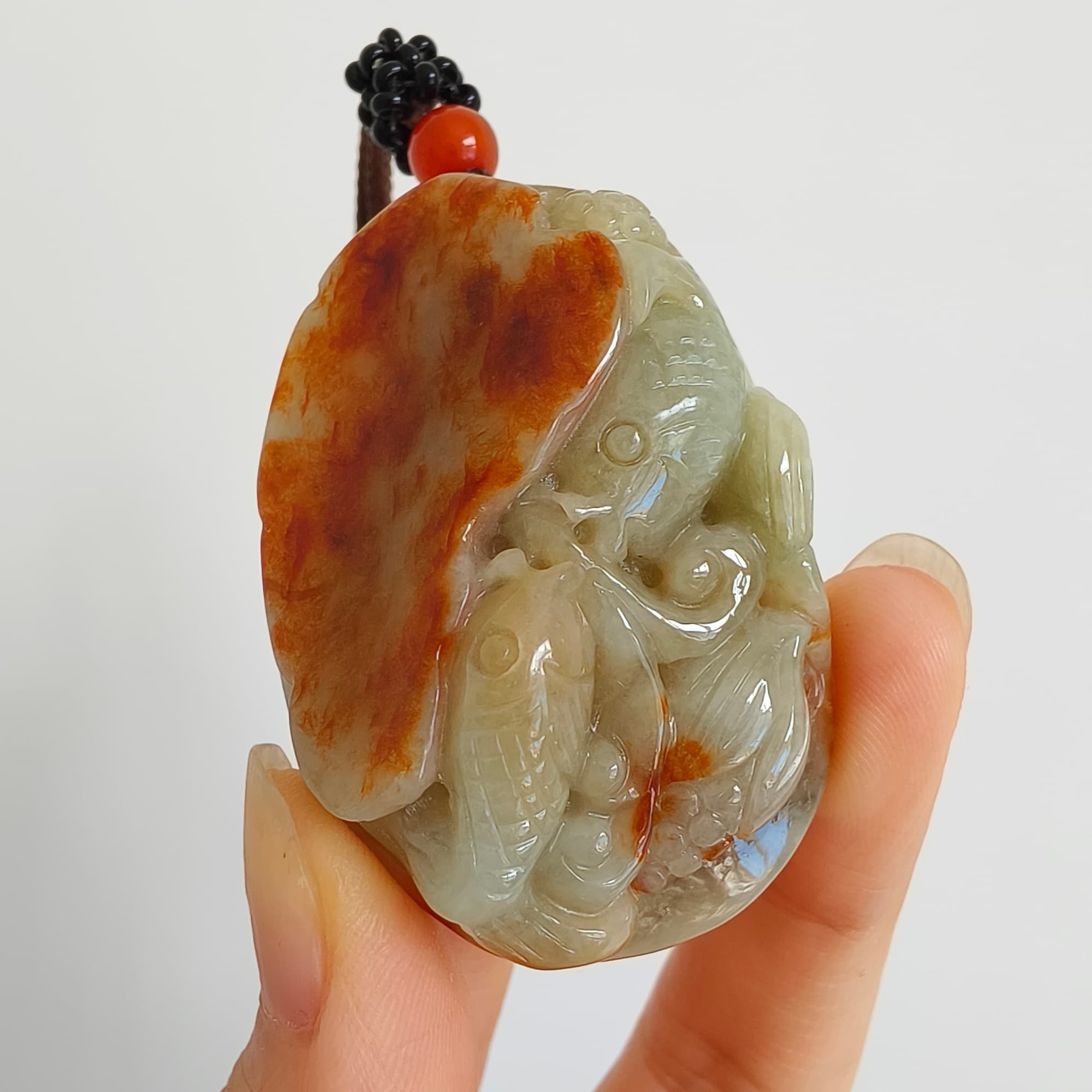 DDP 47.5mm Natural Certificated Yellow Red Burmese Jadeite Oval Pendant With Fish And Lotus Leaf Carved