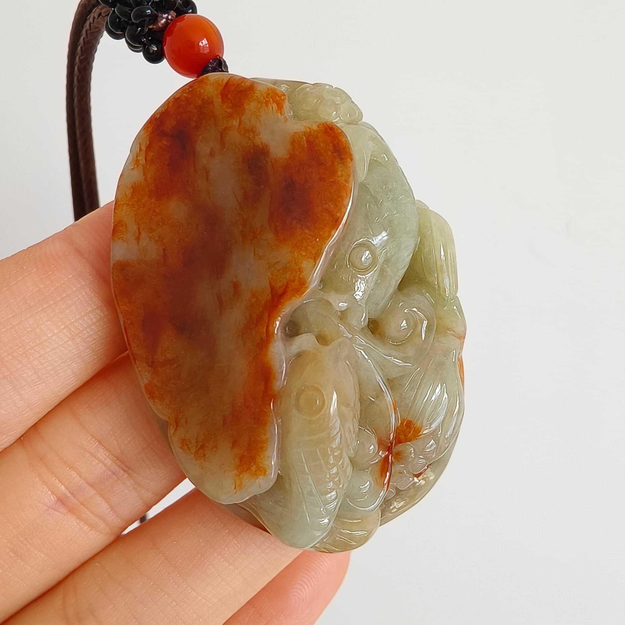 DDP 47.5mm Natural Certificated Yellow Red Burmese Jadeite Oval Pendant With Fish And Lotus Leaf Carved
