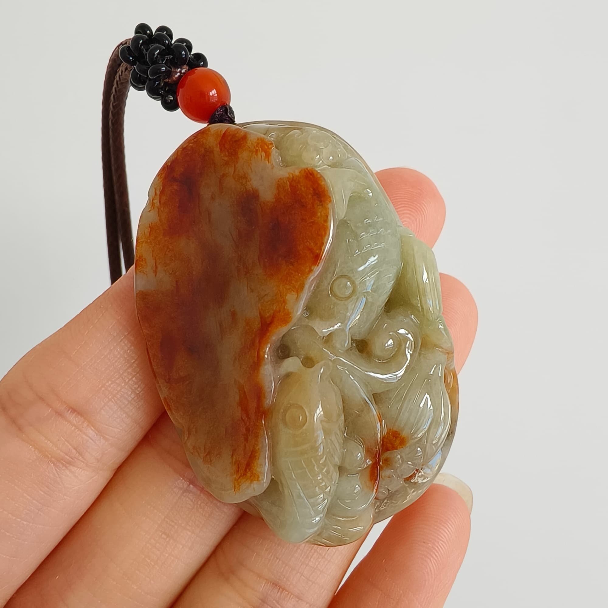 DDP 47.5mm Natural Certificated Yellow Red Burmese Jadeite Oval Pendant With Fish And Lotus Leaf Carved