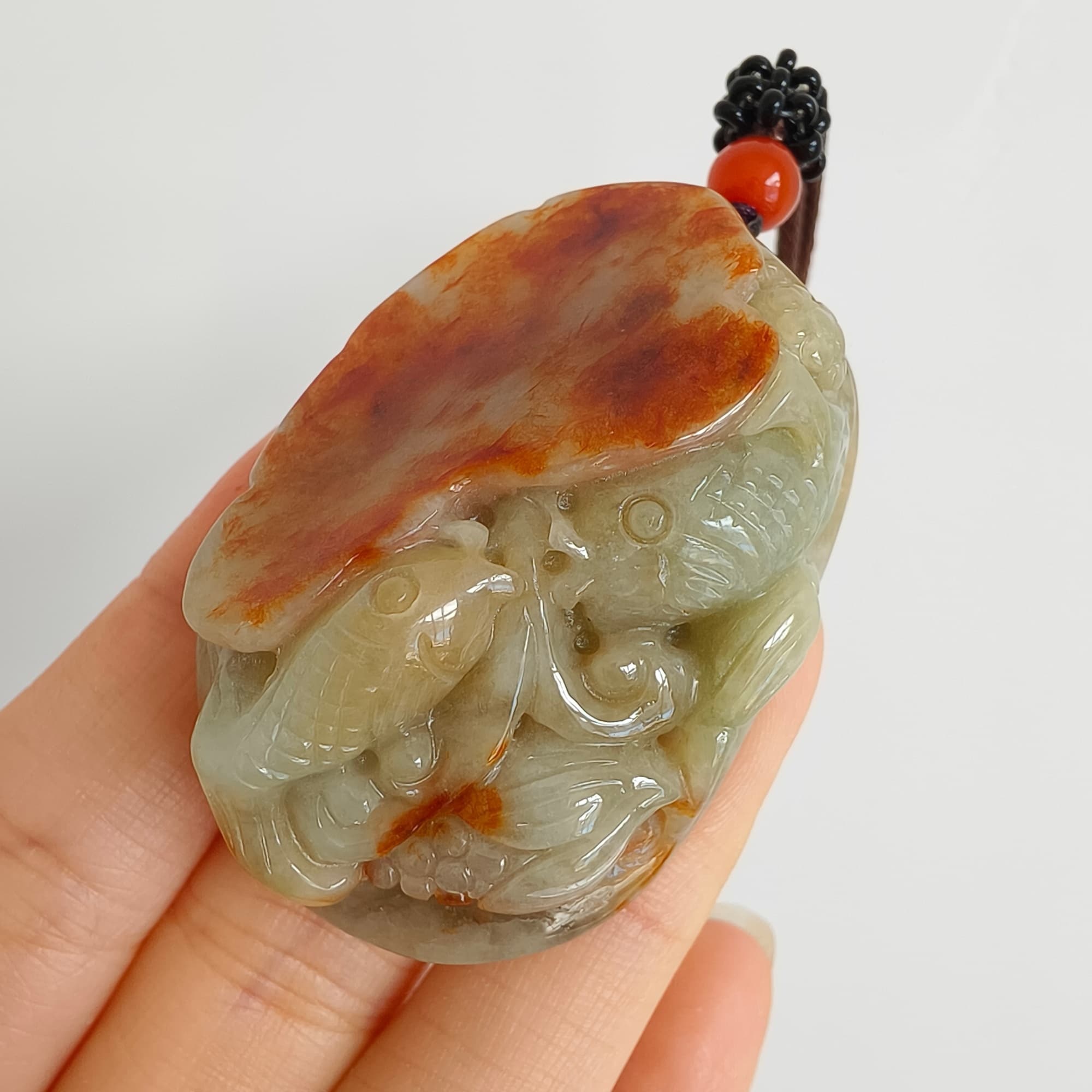 DDP 47.5mm Natural Certificated Yellow Red Burmese Jadeite Oval Pendant With Fish And Lotus Leaf Carved