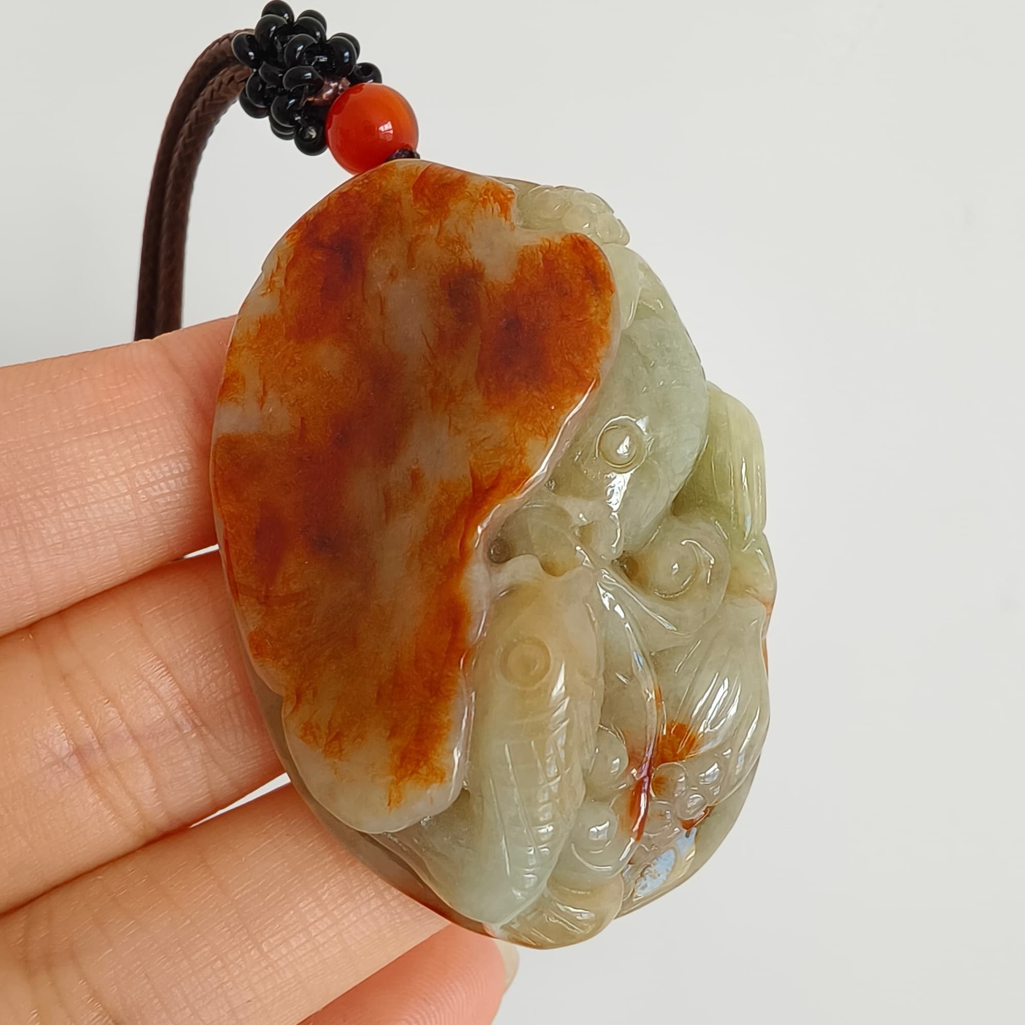 DDP 47.5mm Natural Certificated Yellow Red Burmese Jadeite Oval Pendant With Fish And Lotus Leaf Carved