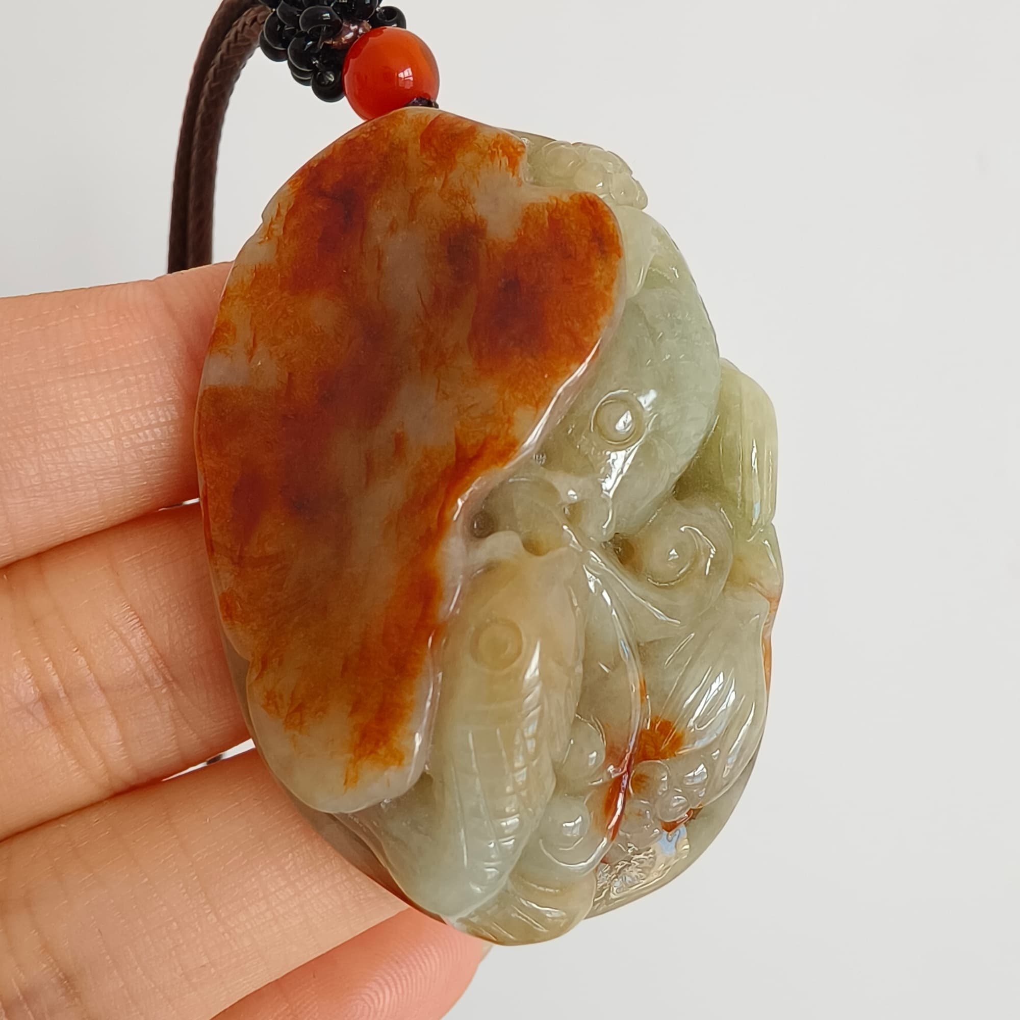 DDP 47.5mm Natural Certificated Yellow Red Burmese Jadeite Oval Pendant With Fish And Lotus Leaf Carved