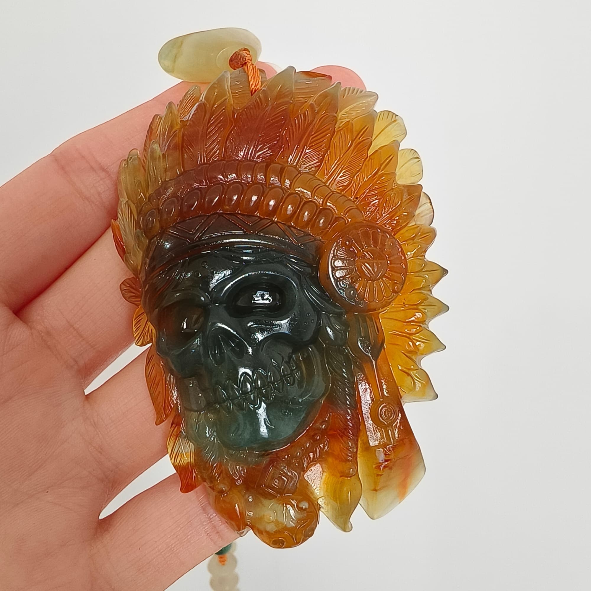 DDP 74.5mm Unique Untreated Natural Green Yellow Serpentine Jade Chinese Jade Native American Chief Skull Pendant
