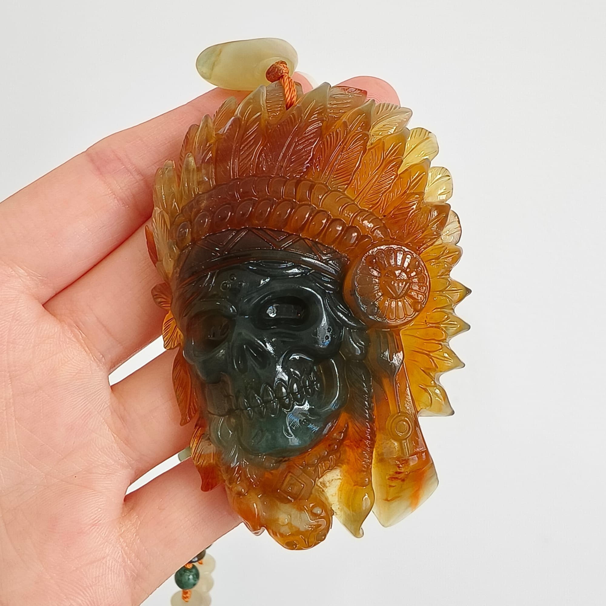 DDP 74.5mm Unique Untreated Natural Green Yellow Serpentine Jade Chinese Jade Native American Chief Skull Pendant