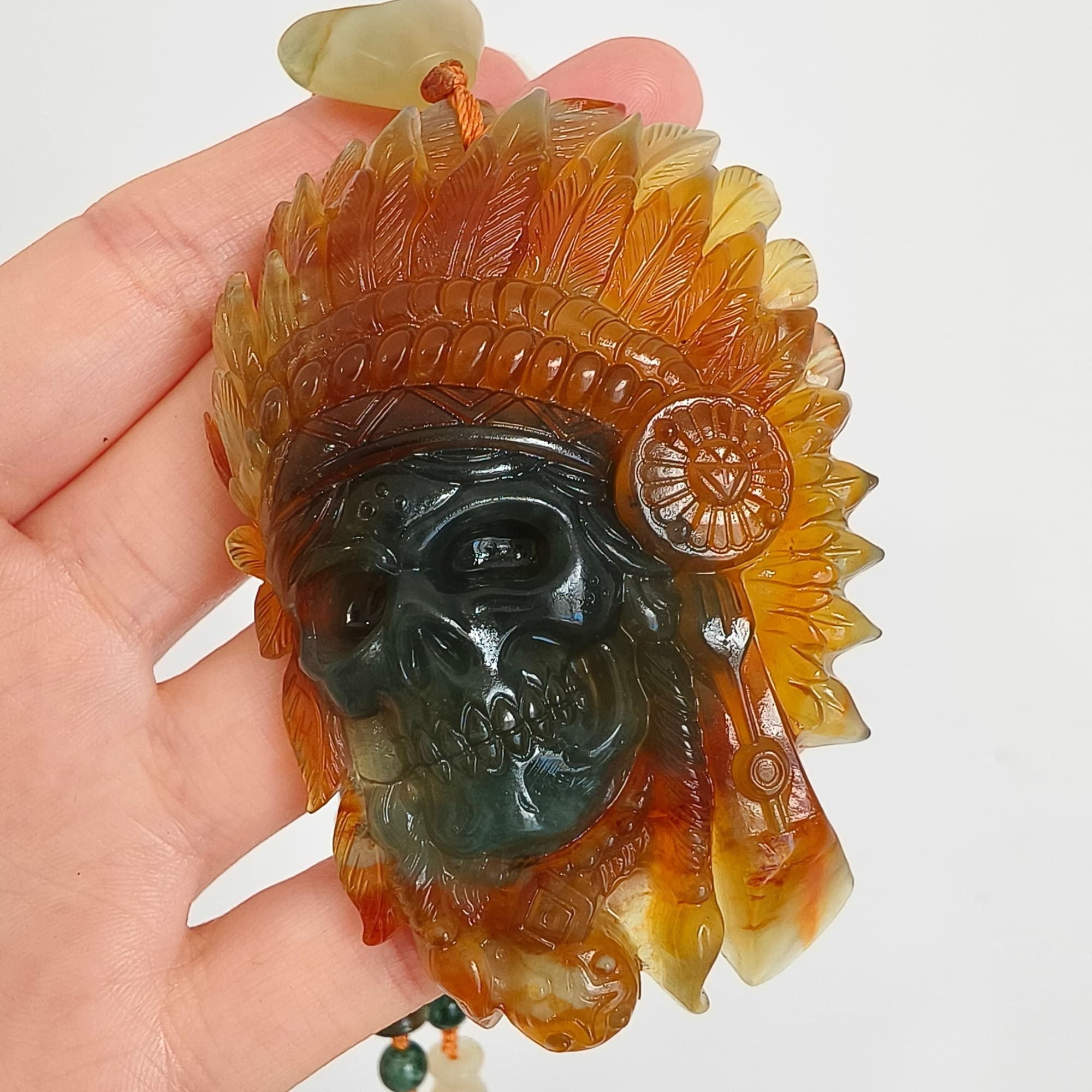 DDP 74.5mm Unique Untreated Natural Green Yellow Serpentine Jade Chinese Jade Native American Chief Skull Pendant
