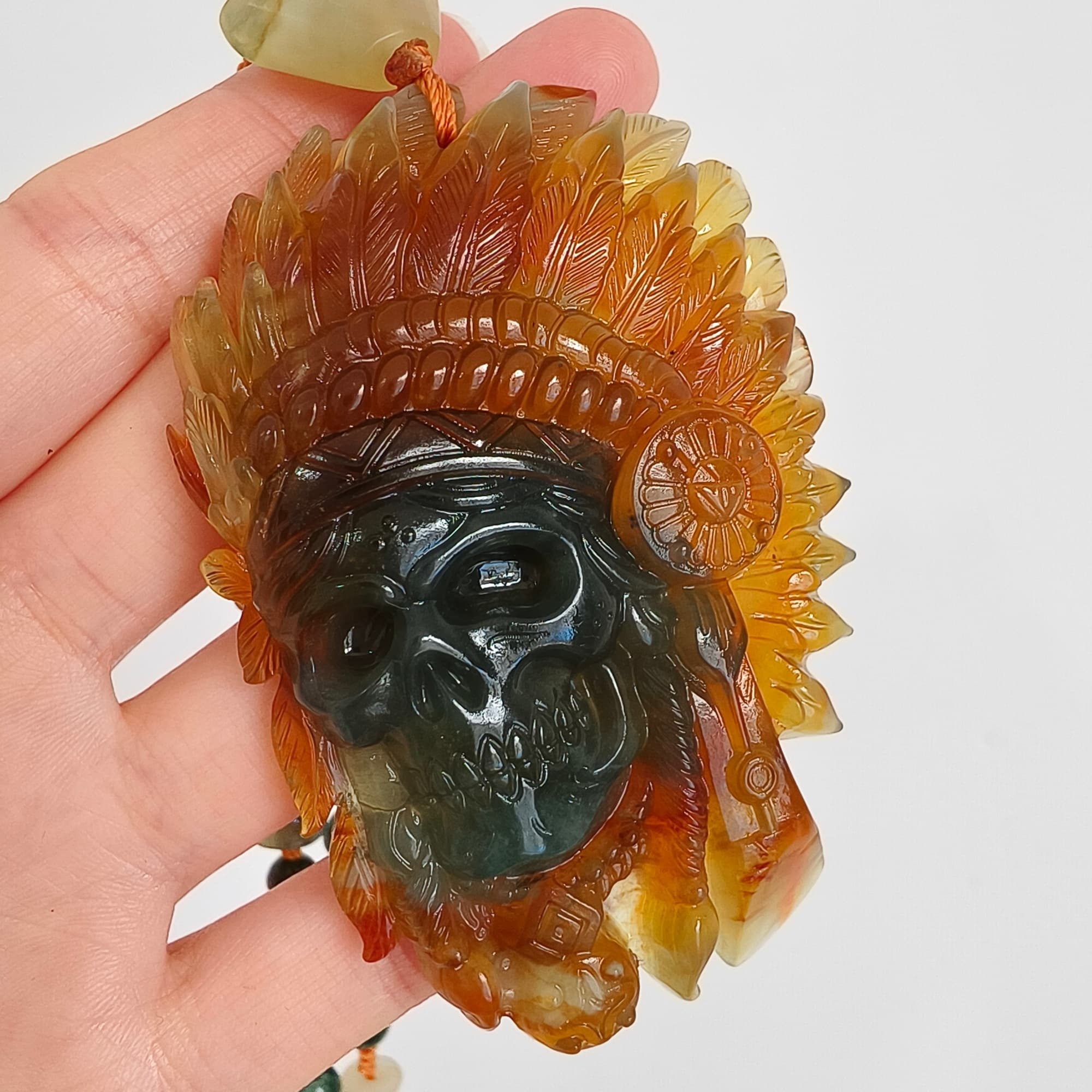 DDP 74.5mm Unique Untreated Natural Green Yellow Serpentine Jade Chinese Jade Native American Chief Skull Pendant