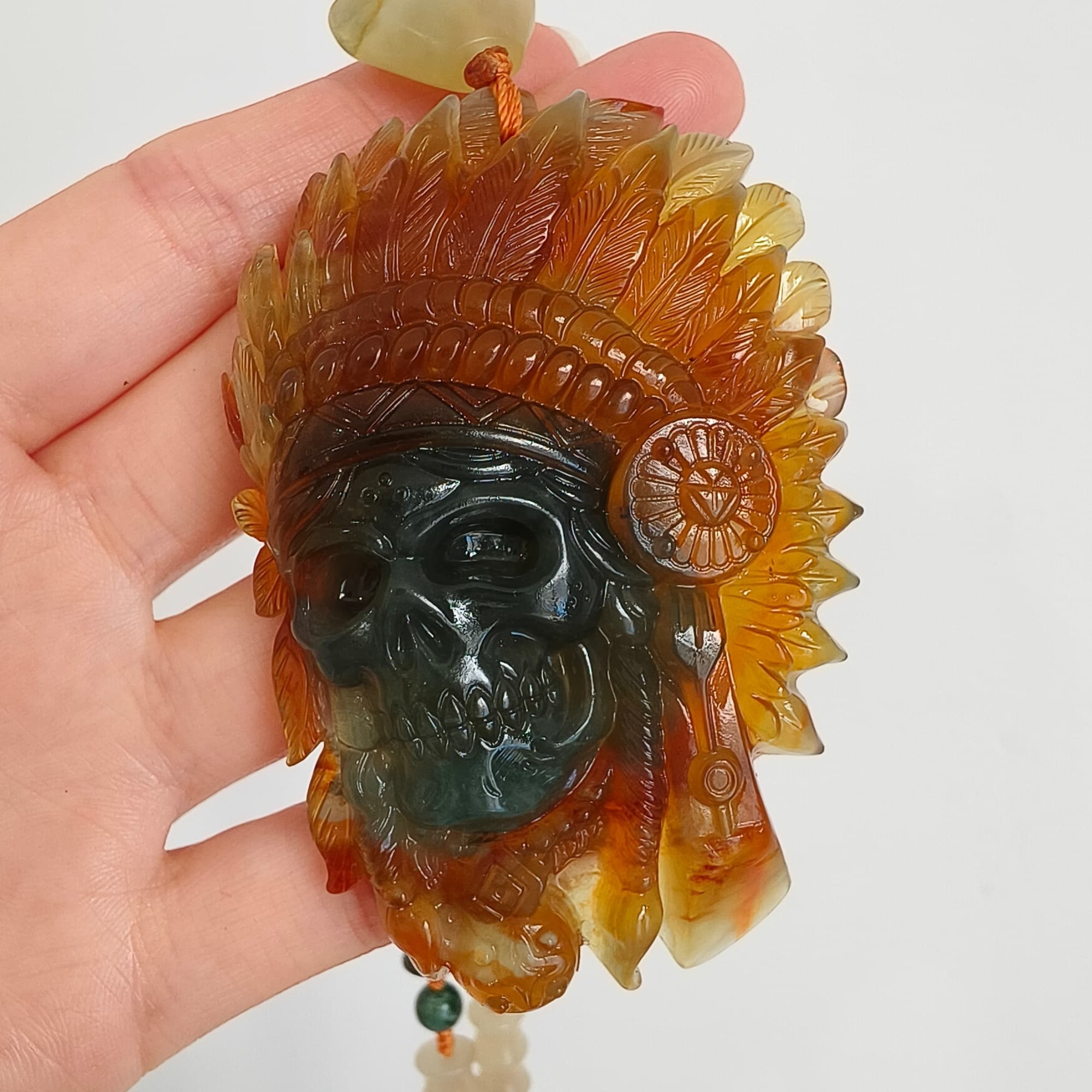 DDP 74.5mm Unique Untreated Natural Green Yellow Serpentine Jade Chinese Jade Native American Chief Skull Pendant