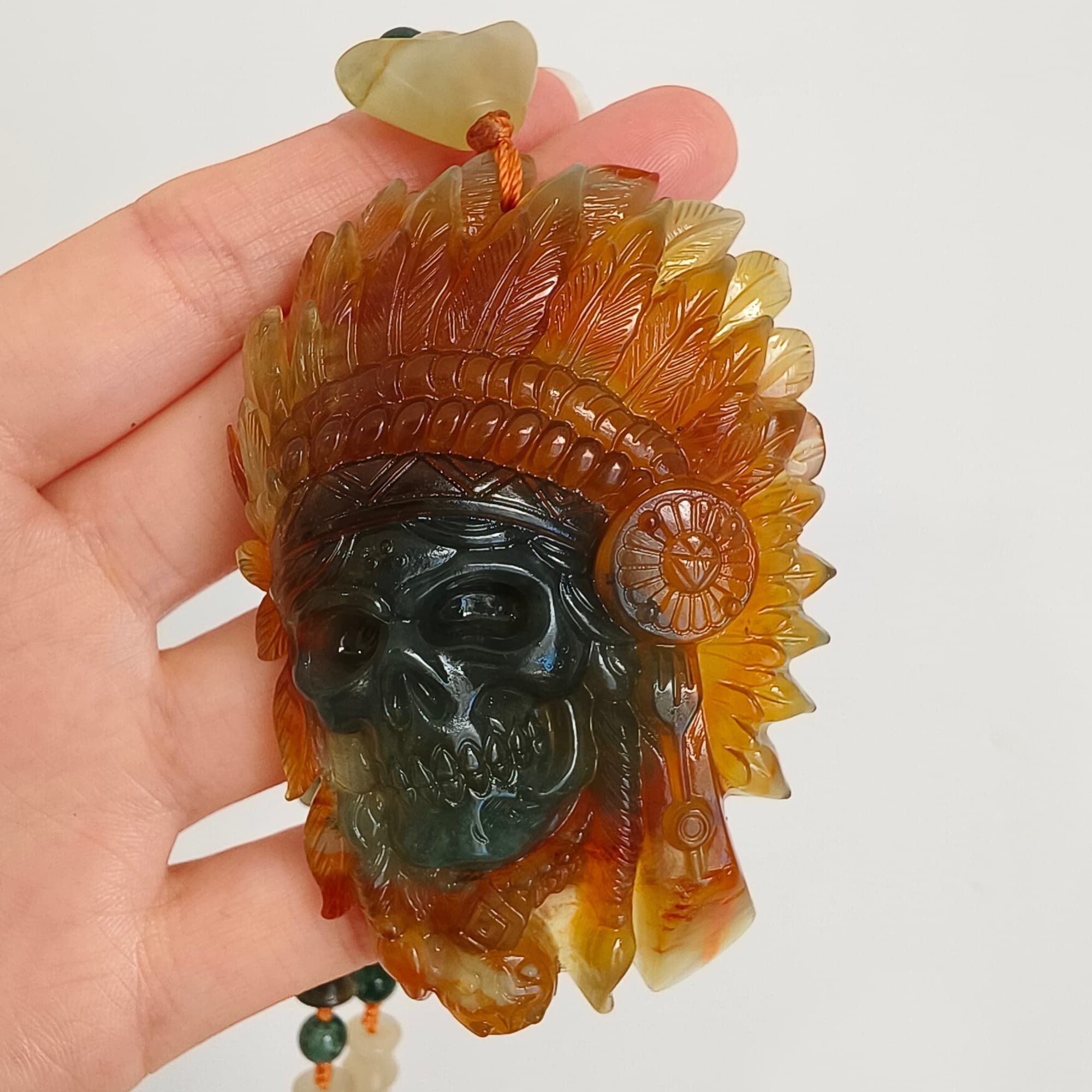 DDP 74.5mm Unique Untreated Natural Green Yellow Serpentine Jade Chinese Jade Native American Chief Skull Pendant