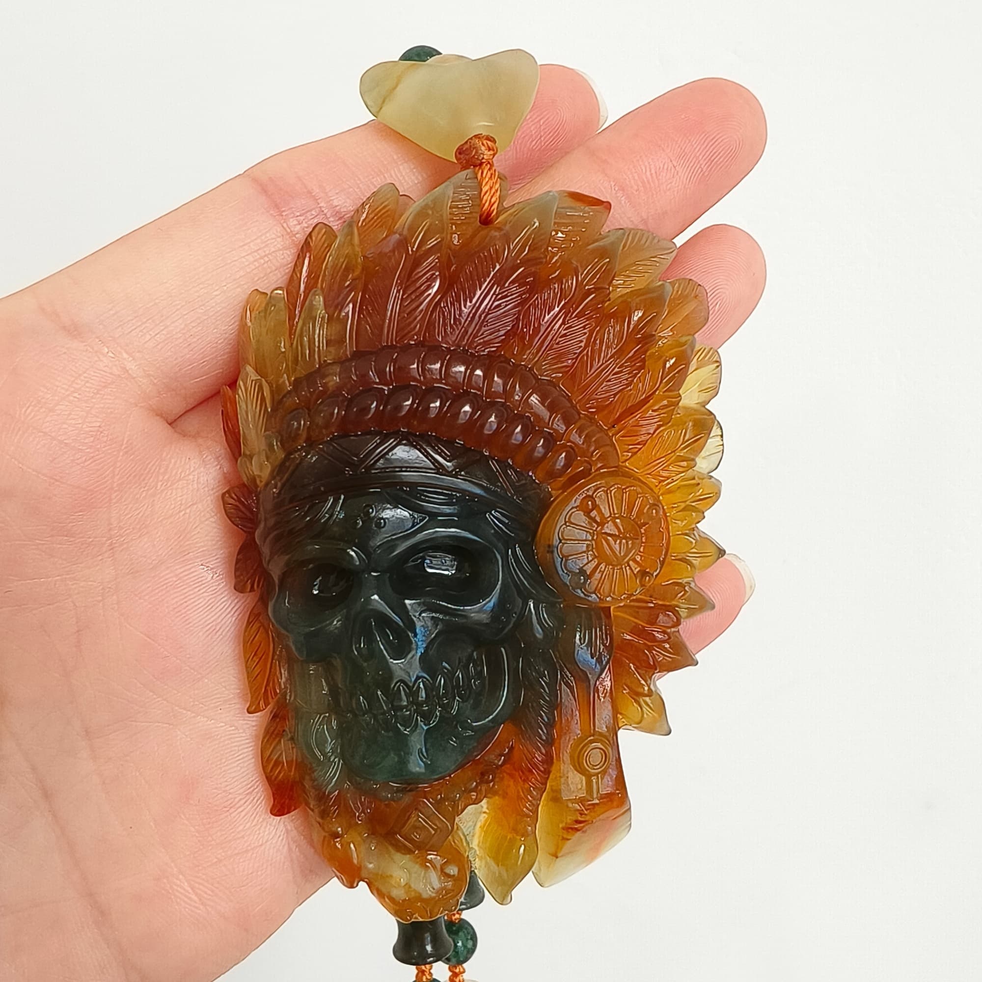 DDP 74.5mm Unique Untreated Natural Green Yellow Serpentine Jade Chinese Jade Native American Chief Skull Pendant