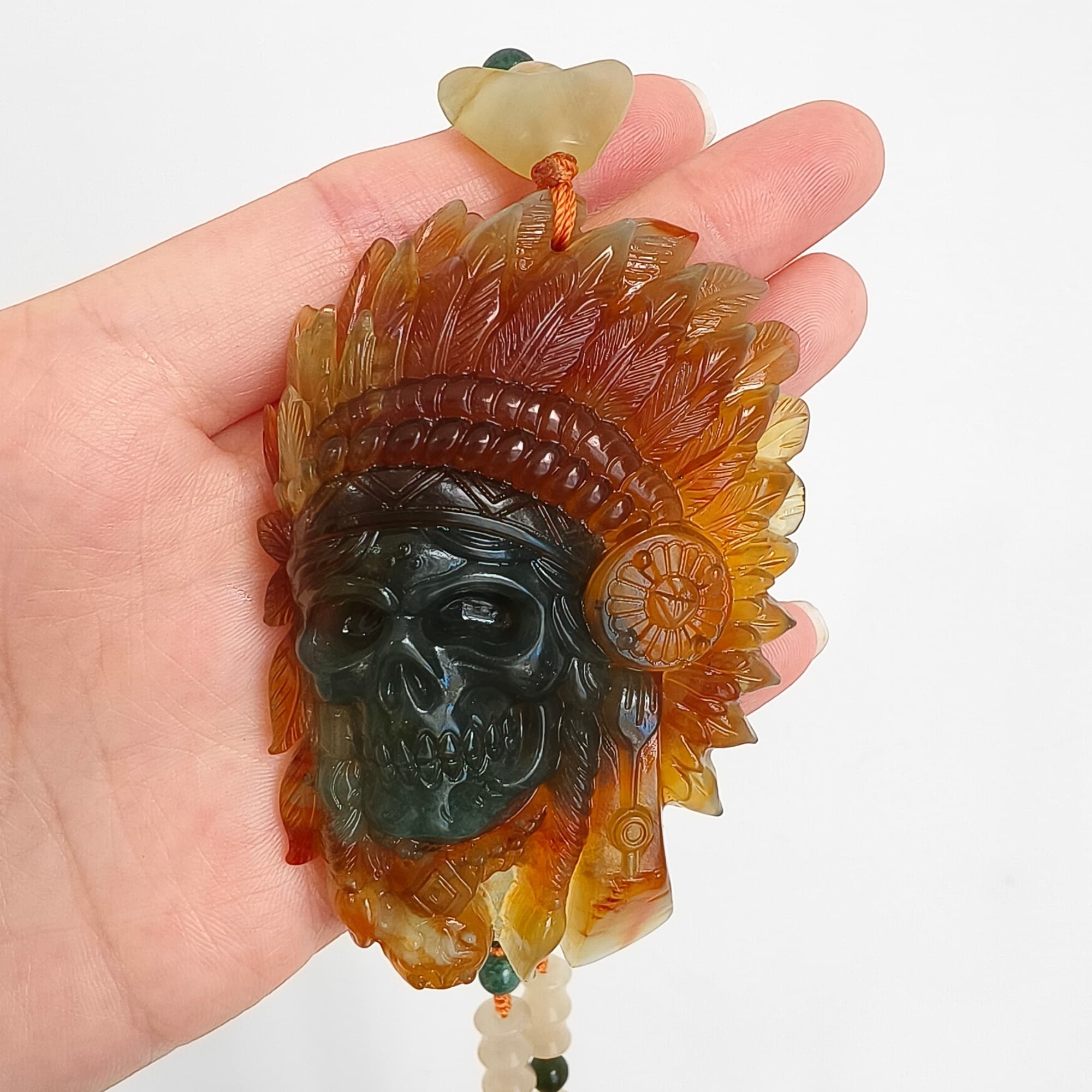 DDP 74.5mm Unique Untreated Natural Green Yellow Serpentine Jade Chinese Jade Native American Chief Skull Pendant