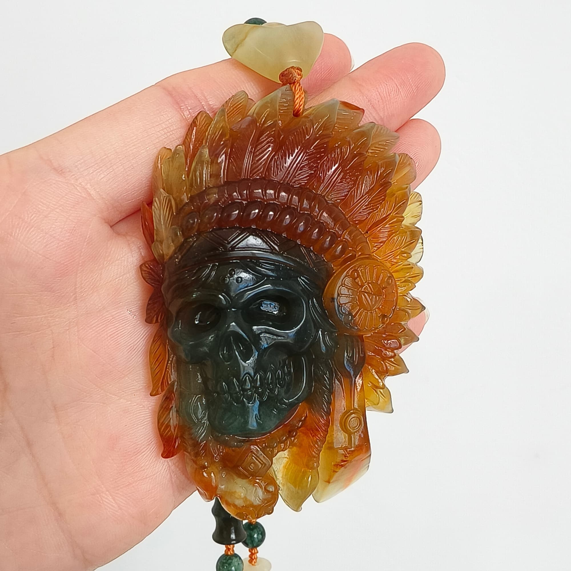DDP 74.5mm Unique Untreated Natural Green Yellow Serpentine Jade Chinese Jade Native American Chief Skull Pendant