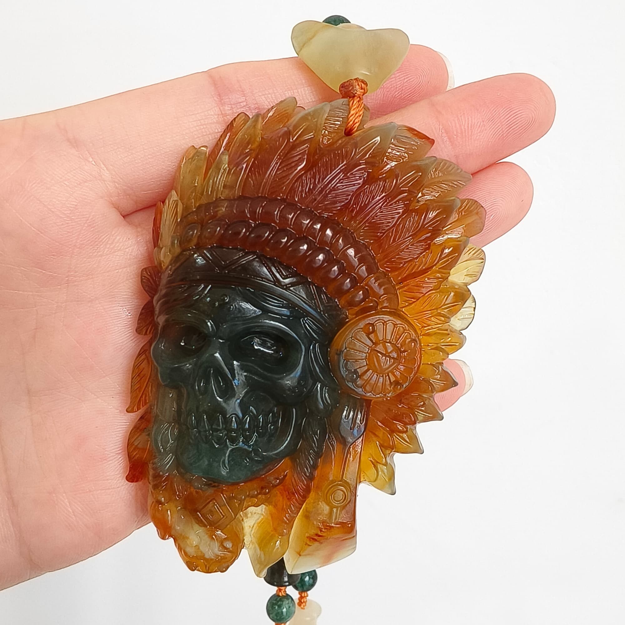 DDP 74.5mm Unique Untreated Natural Green Yellow Serpentine Jade Chinese Jade Native American Chief Skull Pendant