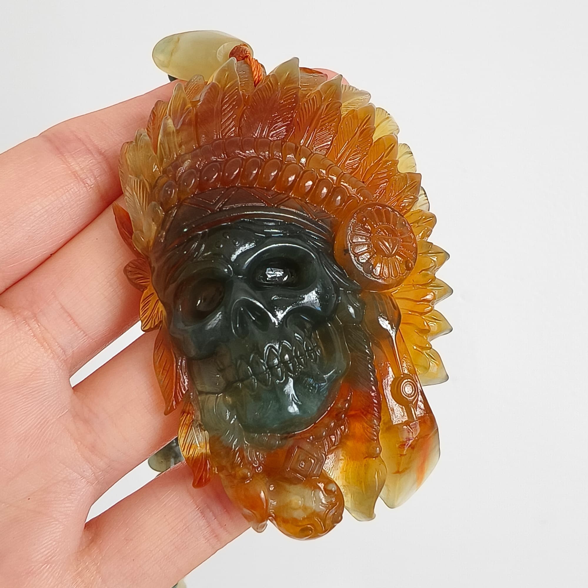 DDP 74.5mm Unique Untreated Natural Green Yellow Serpentine Jade Chinese Jade Native American Chief Skull Pendant