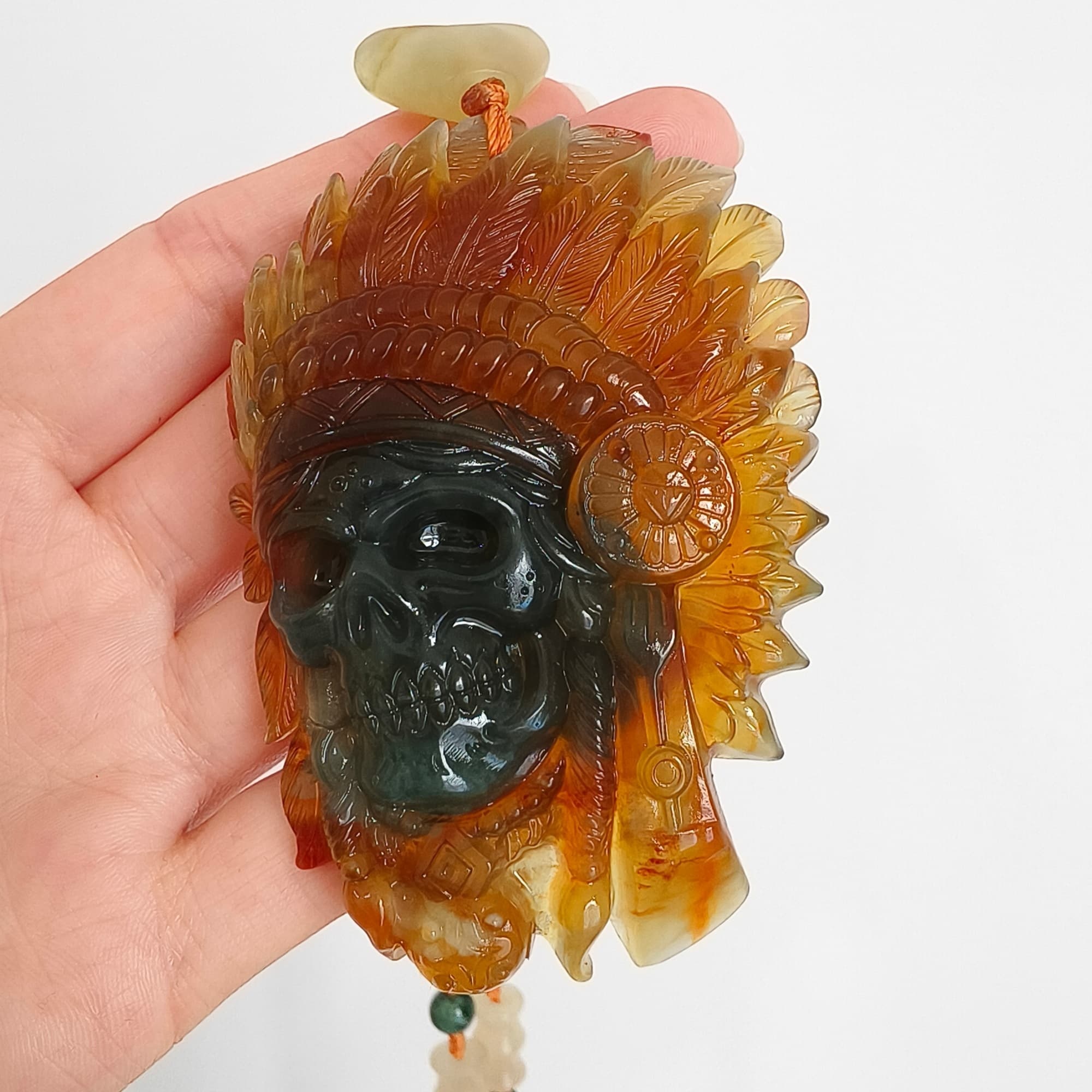 DDP 74.5mm Unique Untreated Natural Green Yellow Serpentine Jade Chinese Jade Native American Chief Skull Pendant