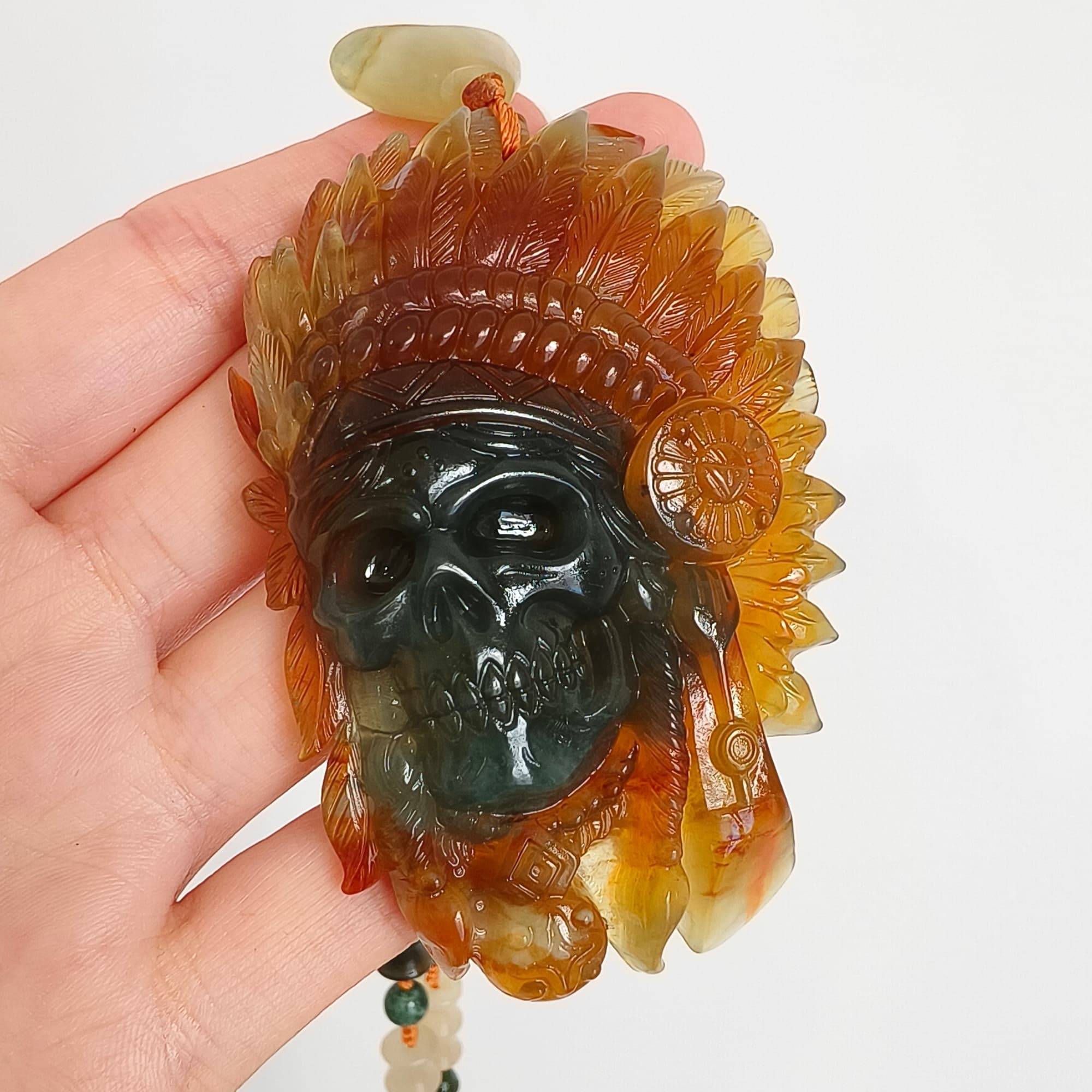 DDP 74.5mm Unique Untreated Natural Green Yellow Serpentine Jade Chinese Jade Native American Chief Skull Pendant