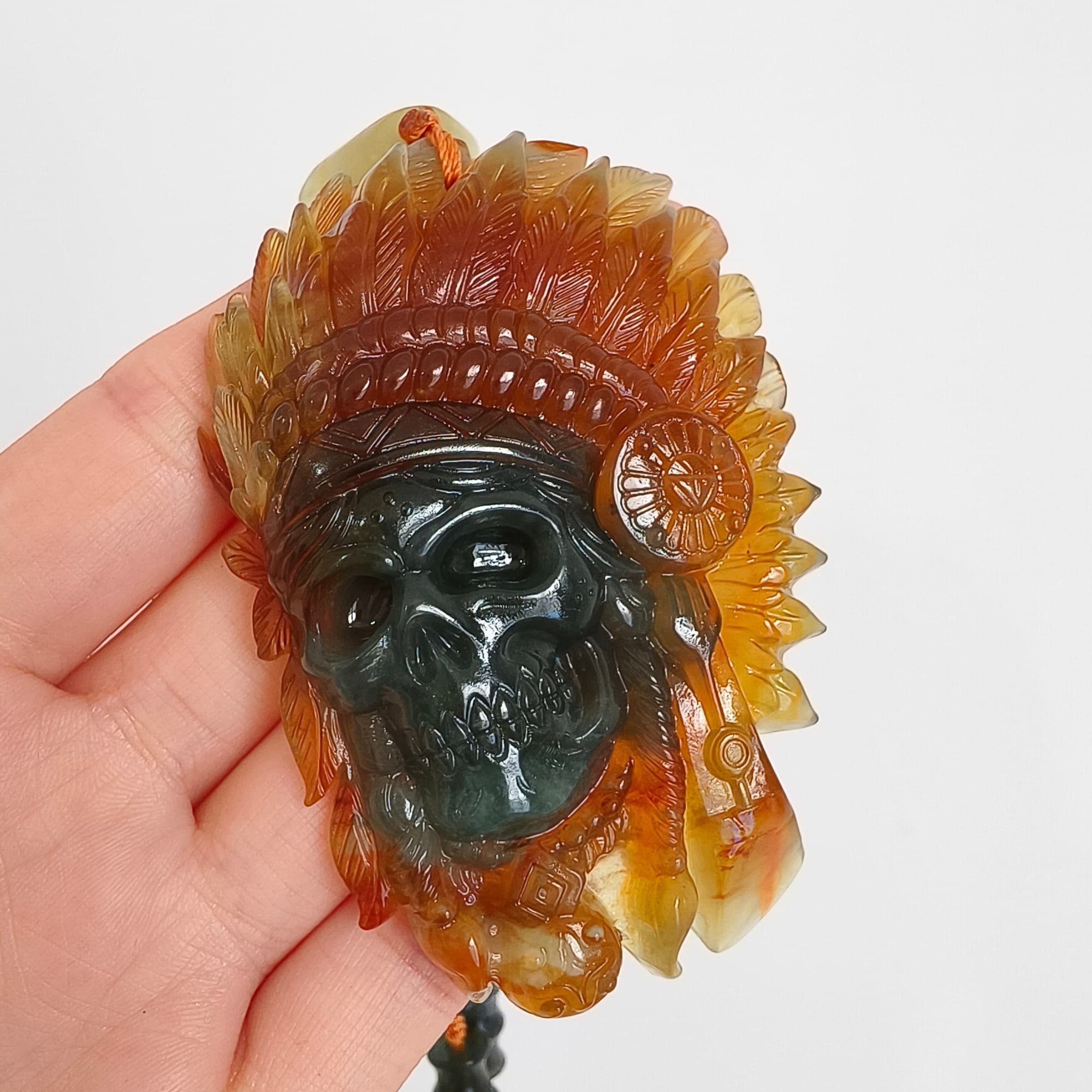 DDP 74.5mm Unique Untreated Natural Green Yellow Serpentine Jade Chinese Jade Native American Chief Skull Pendant