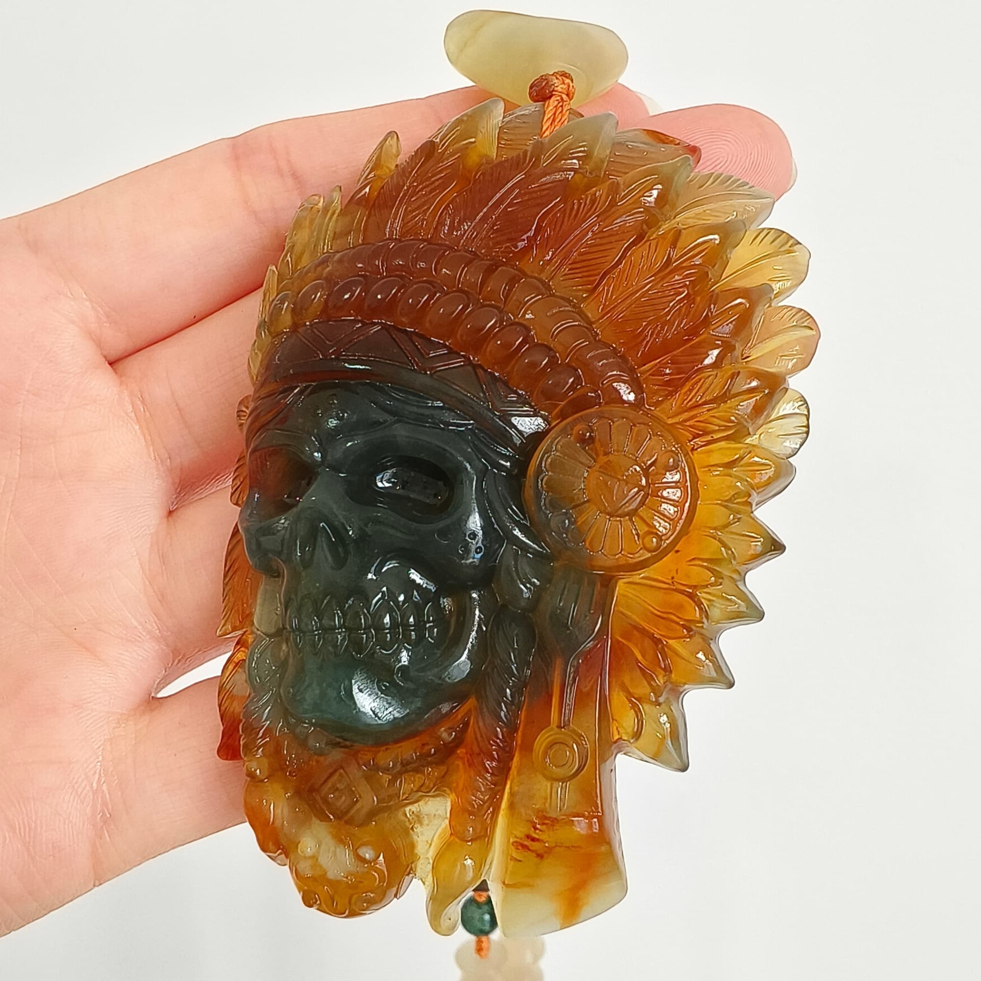 DDP 74.5mm Unique Untreated Natural Green Yellow Serpentine Jade Chinese Jade Native American Chief Skull Pendant