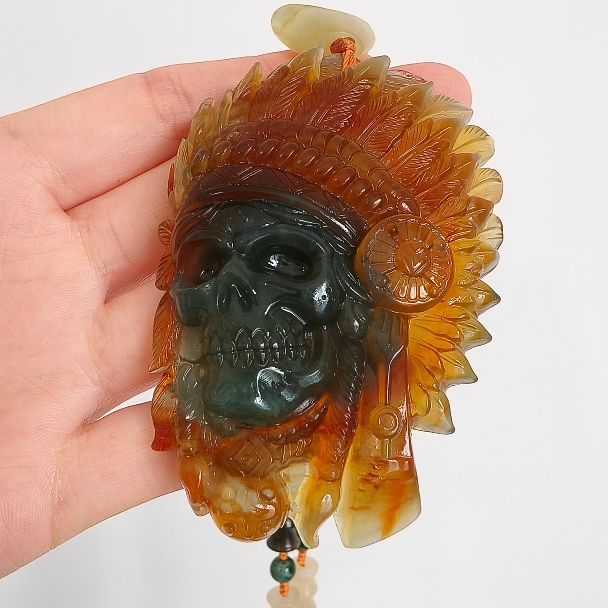 DDP 74.5mm Unique Untreated Natural Green Yellow Serpentine Jade Chinese Jade Native American Chief Skull Pendant