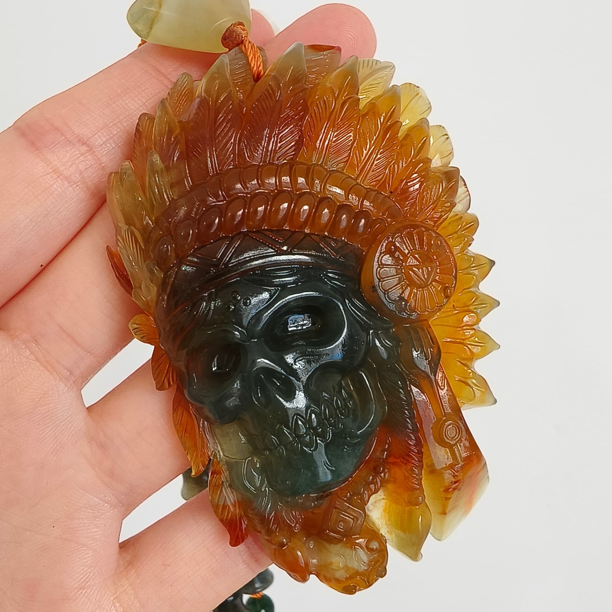 DDP 74.5mm Unique Untreated Natural Green Yellow Serpentine Jade Chinese Jade Native American Chief Skull Pendant
