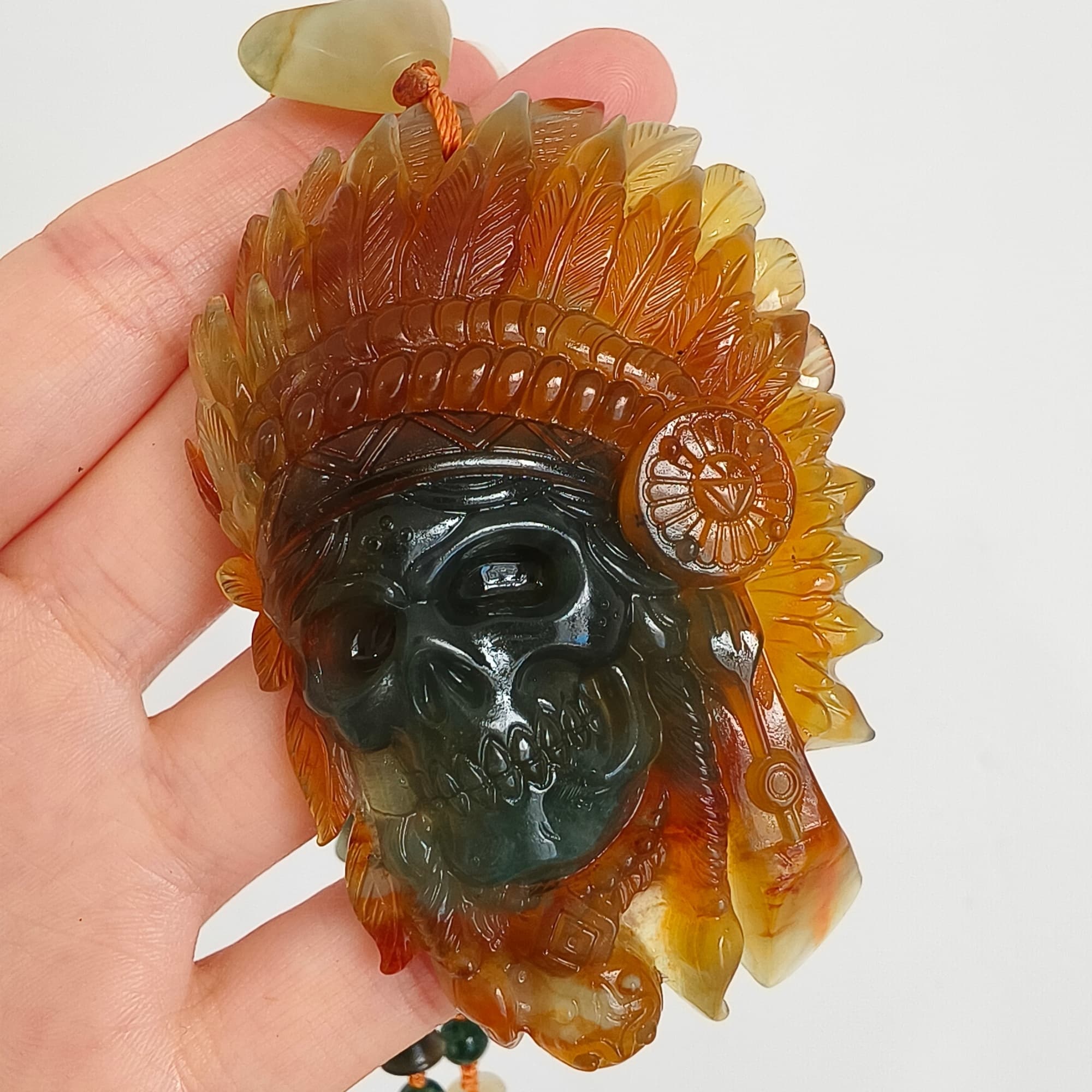 DDP 74.5mm Unique Untreated Natural Green Yellow Serpentine Jade Chinese Jade Native American Chief Skull Pendant
